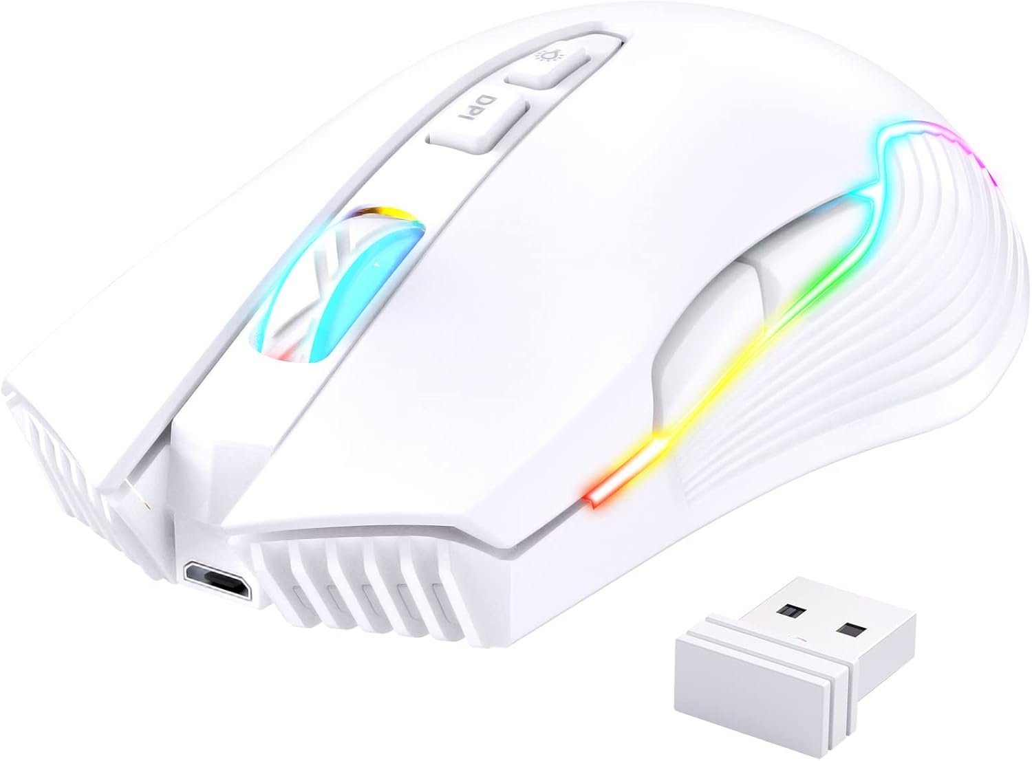 Rechargeable Wireless Gaming Mouse, Ergonomic RGB Computer Mouse with 2.4G Receiver, RGB Backlight, Adjustable DPI Up to 3600, 7 Buttons (Not Programmable) for Windows Vista Linux (White) - Image 8