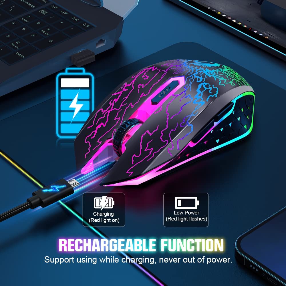 VersionTECH. Wireless Gaming Mouse, Rechargeable Computer Mouse Mice with Colorful LED Lights, Silent Click, 2.4G USB Nano Receiver, 3 Level DPI for PC Gamer Laptop Desktop Chromebook Mac-Black - Image 6