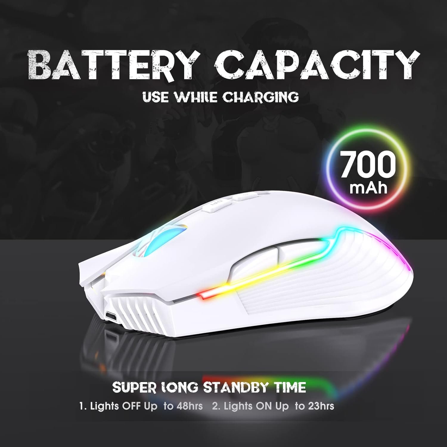 Rechargeable Wireless Gaming Mouse, Ergonomic RGB Computer Mouse with 2.4G Receiver, RGB Backlight, Adjustable DPI Up to 3600, 7 Buttons (Not Programmable) for Windows Vista Linux (White) - Image 4