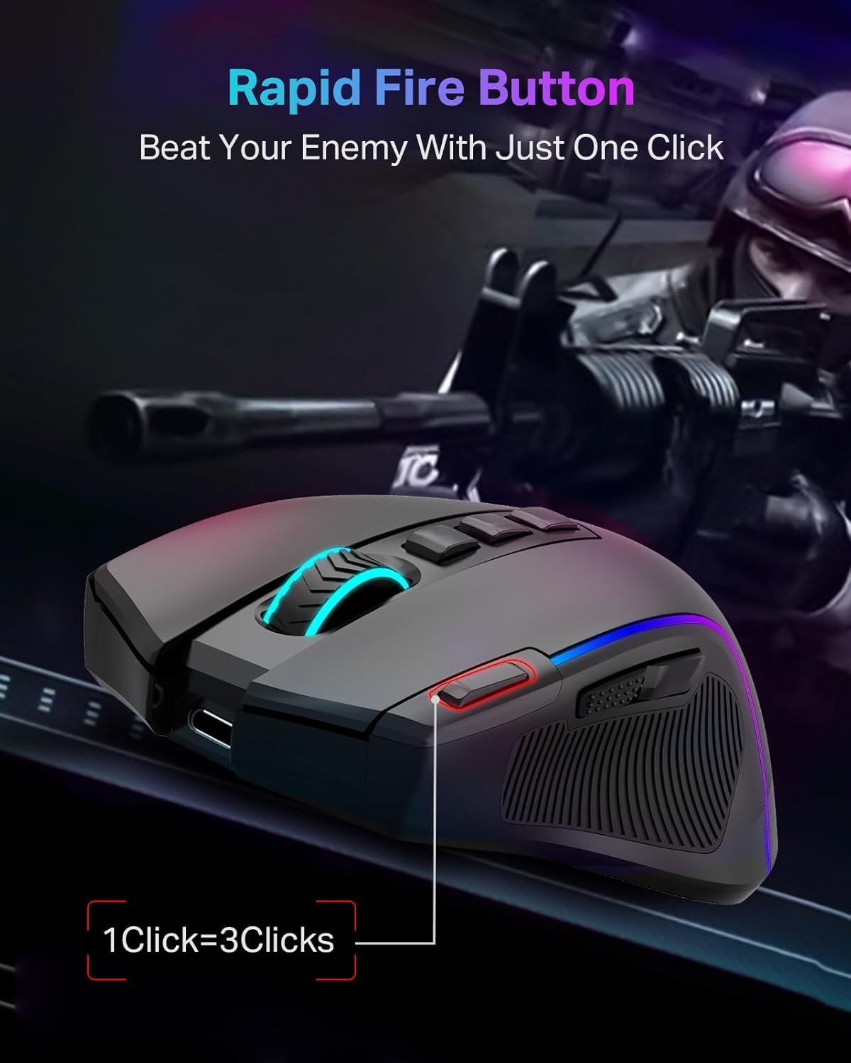 E-YOOSO Gaming Mouse, Tri-Modes Wireless/Bluetooth/Wired Rechargeable RGB Gamer Mouse with 2 Side Buttons, Rapid Fire Key, 8000 DPI, 6 Backlit Modes, 9 Programmable Buttons Macro - Image 5