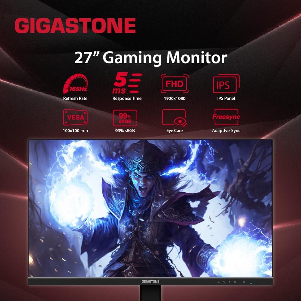 Gigastone 27 inch IPS LED Back Light Gaming Monitor 165Hz FHD 1920 x 1080, 178° Wide View Frameless PC Monitor, Built-in Speakers, FreeSync, Eye Care Technology, Ergonomic Tilt VESA Mount,DP,HDMI - Image 3