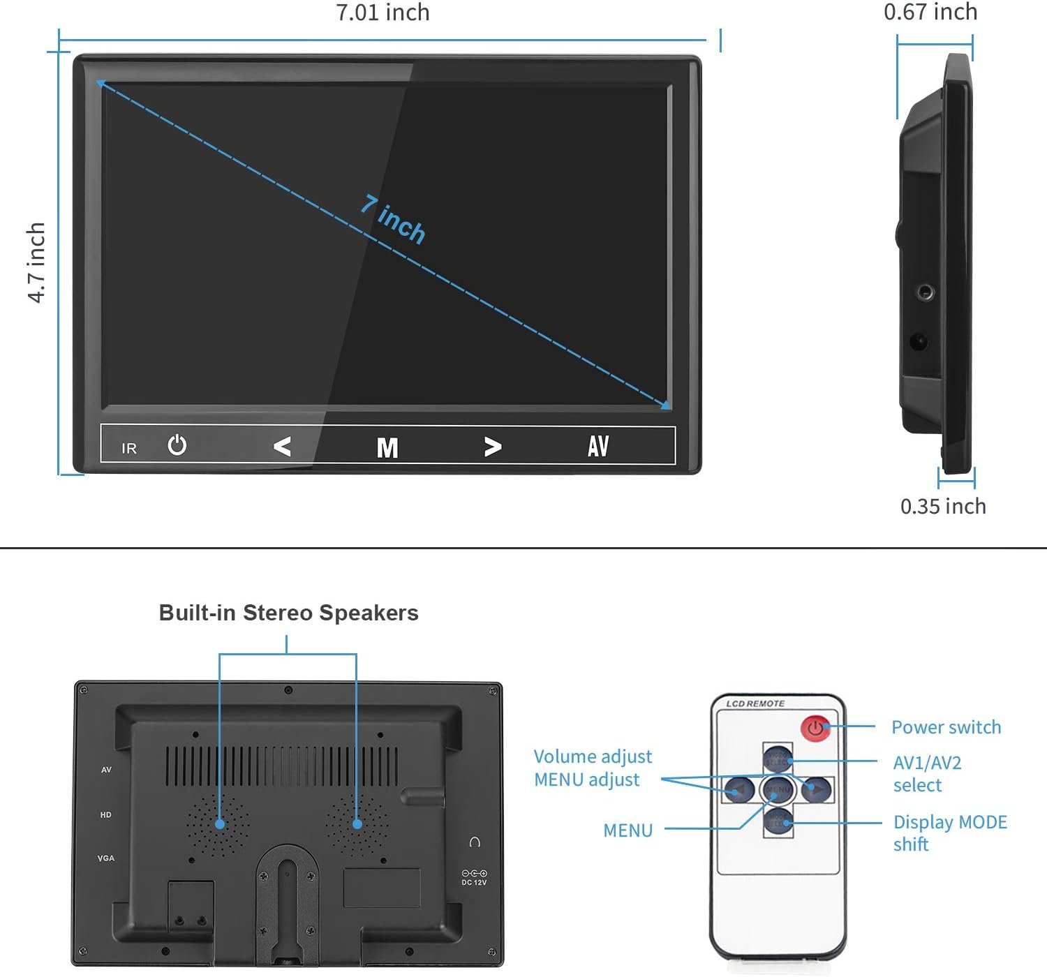 7 inch Mini Monitor, 1024X600 IPS Display Screen Small HDMI Monitor VGA Monitor for PC/CCTV/Raspberry PI/Security Camera/Gaming, Build in Speakers & Earphone Jack, with Remote Control - Image 8