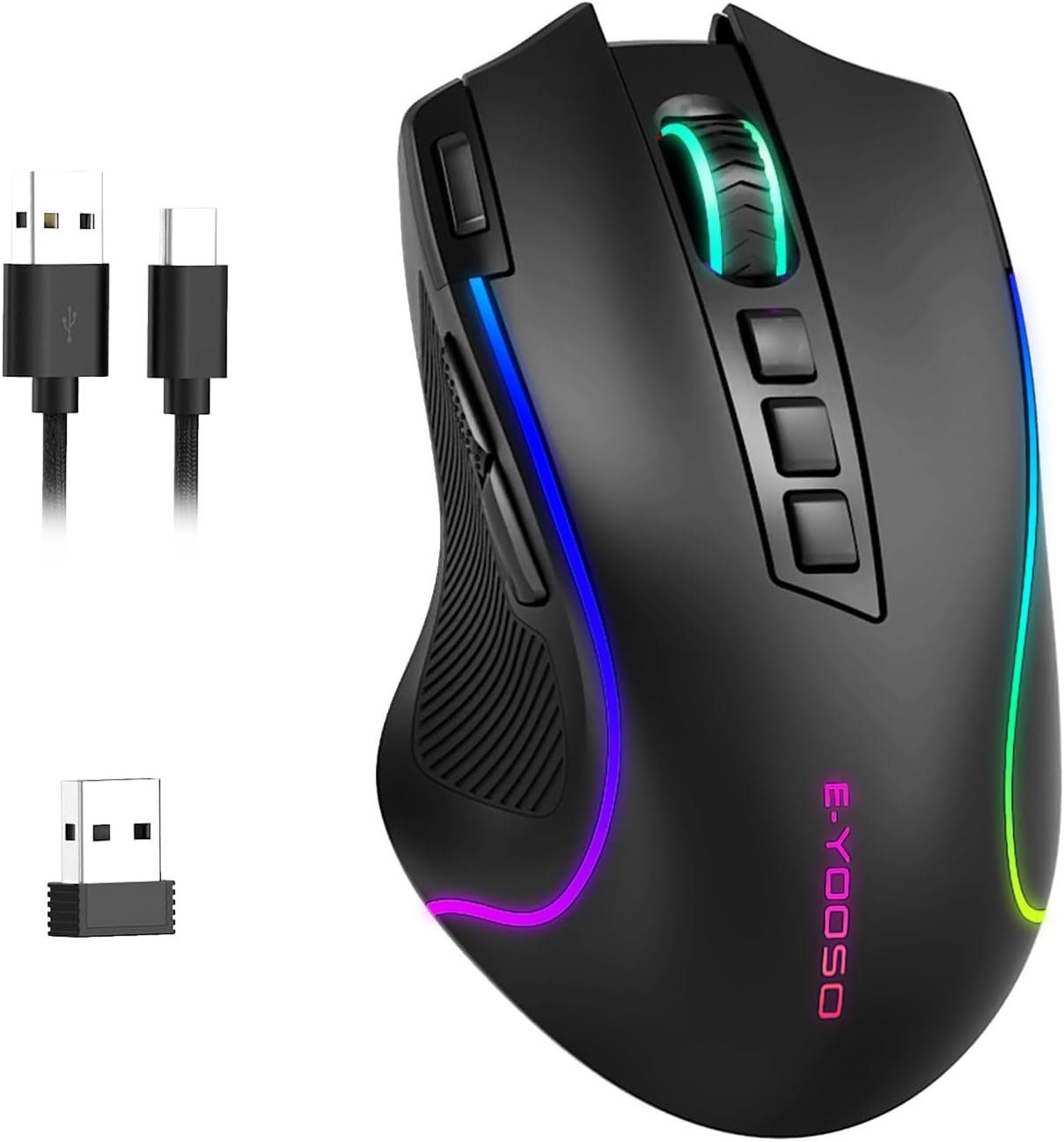 E-YOOSO Gaming Mouse, Tri-Modes Wireless/Bluetooth/Wired Rechargeable RGB Gamer Mouse with 2 Side Buttons, Rapid Fire Key, 8000 DPI, 6 Backlit Modes, 9 Programmable Buttons Macro - Image 2