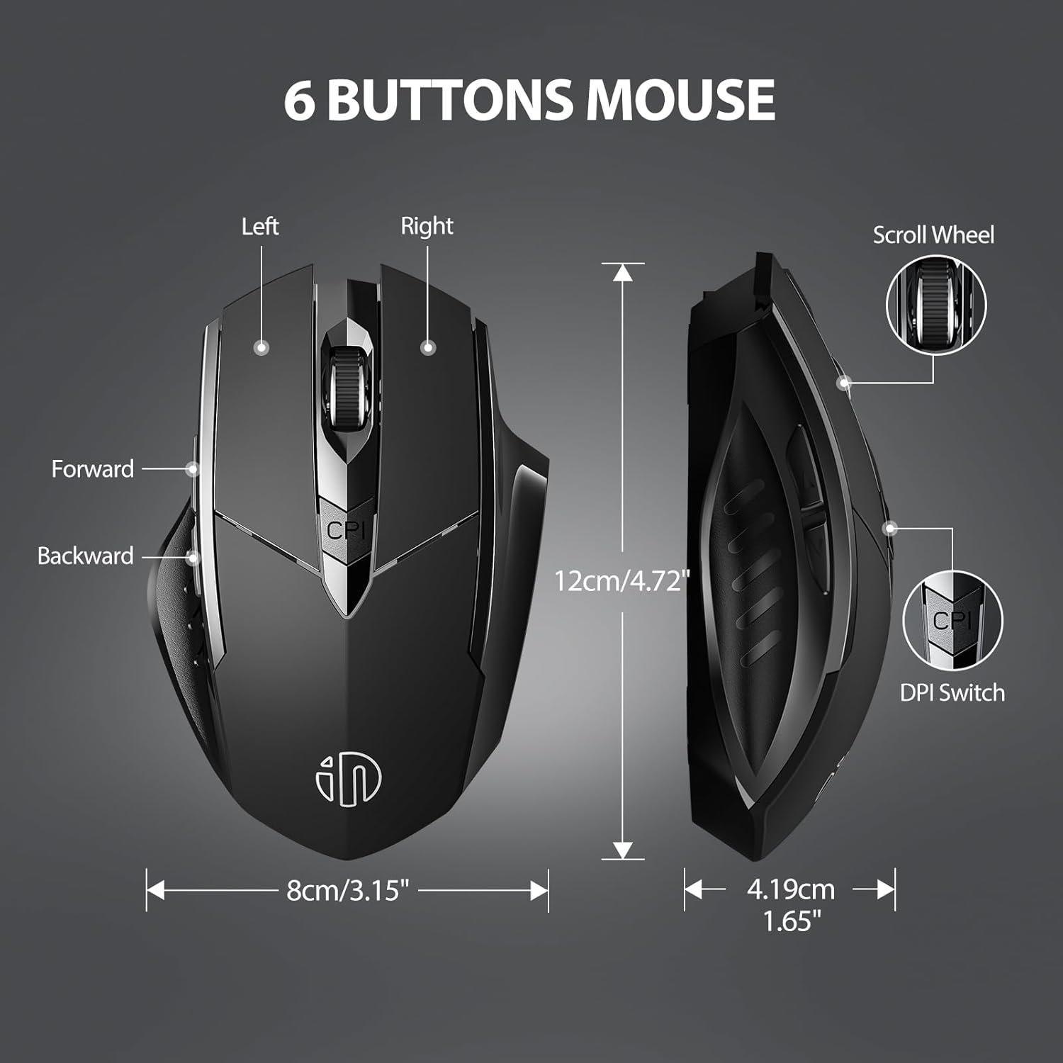 INPHIC Multi-Device Bluetooth Mouse Wireless, Rechargeable, USB Receiver, 6 Buttons, Ergonomic for Laptop, Computer, Mac, PC etc. - Image 8
