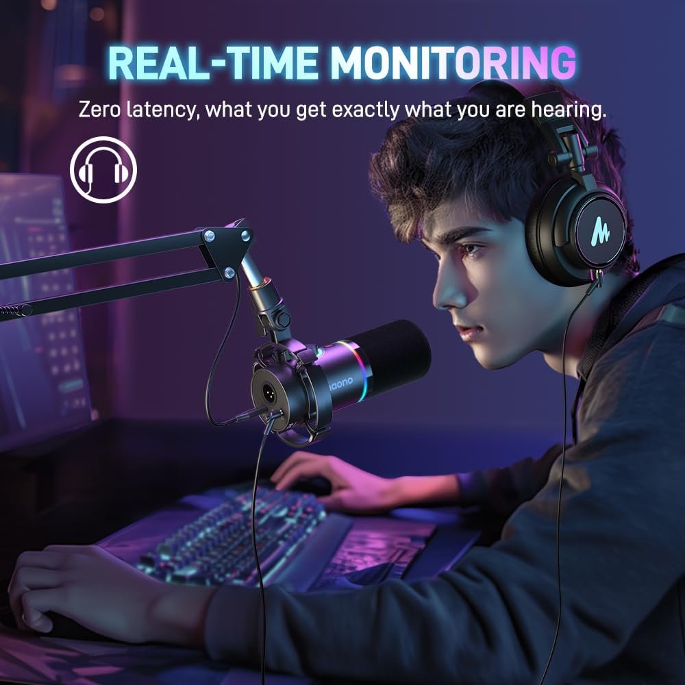 MAONO XLR/USB Dynamic Microphone, RGB Gaming Mic with Software, Mute, Gain Knob, Volume Control and Headphone Jack for Streaming, Podcasting, Recording-PD200X (Black) - Image 8