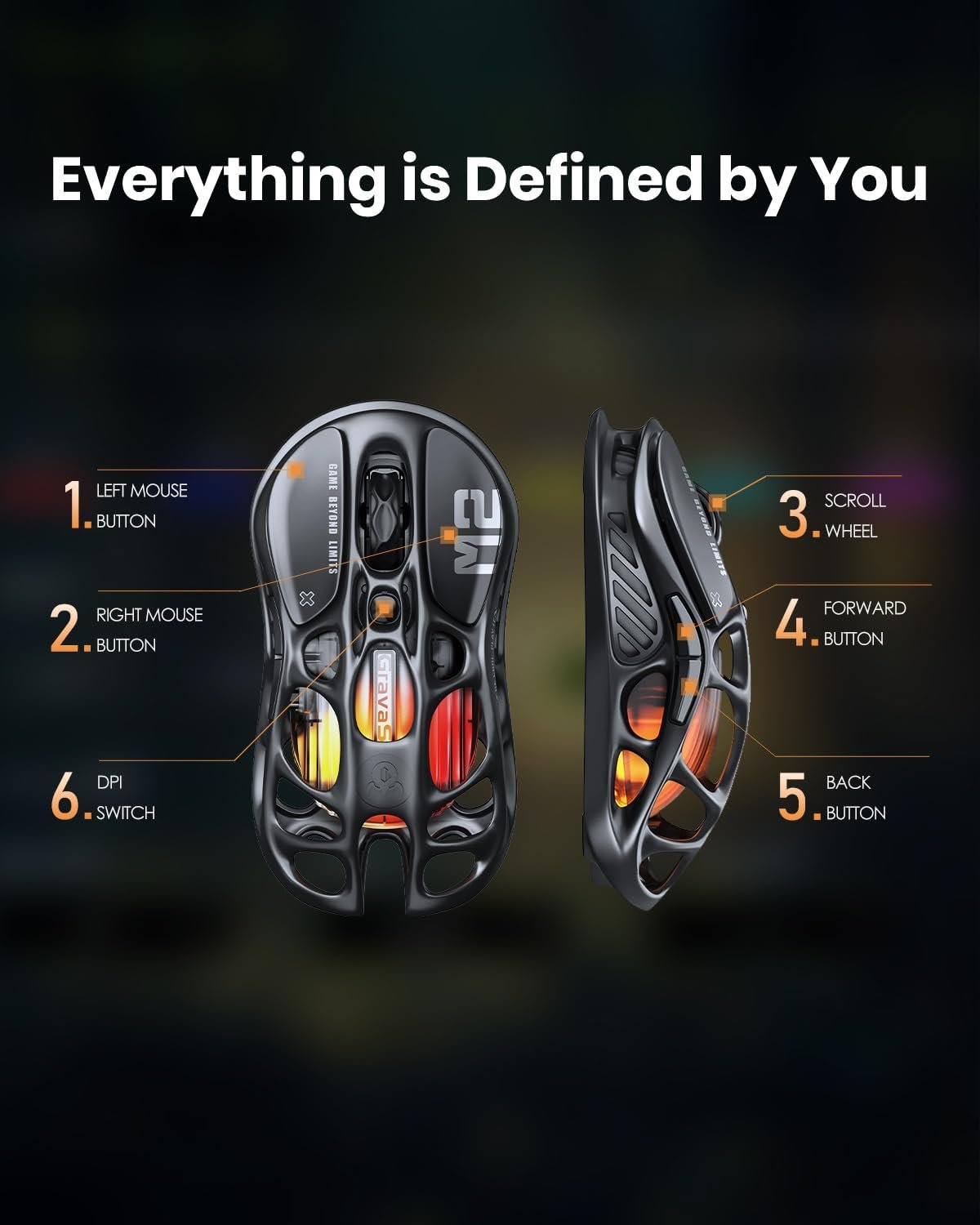 GravaStar Mercury M2 Wireless Gaming Mouse with 26,000 DPI, PAW3395DM Sensor -79g Lightweight Hollowed-Out Design -5 Programmable Buttons -5 Dynamic Lightsync RGB - Stealth Black - Image 7