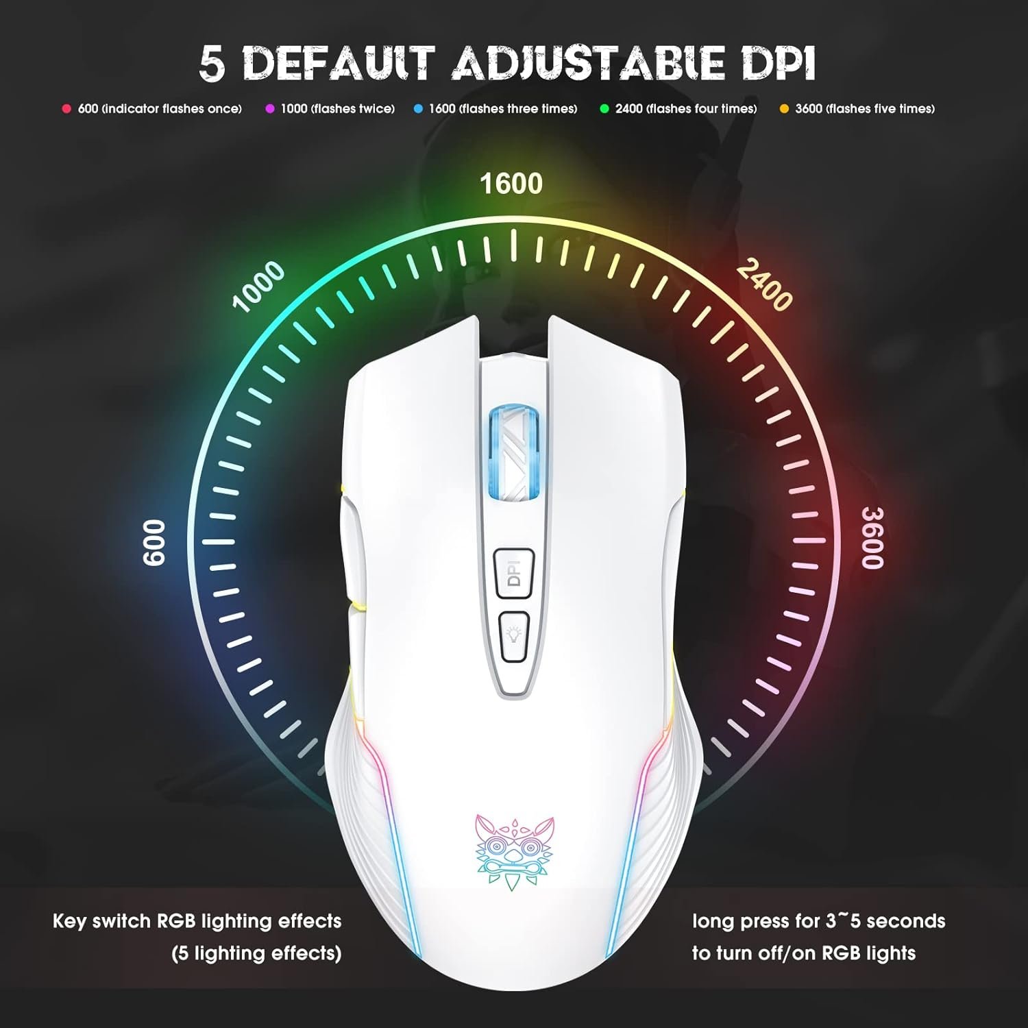 Rechargeable Wireless Gaming Mouse, Ergonomic RGB Computer Mouse with 2.4G Receiver, RGB Backlight, Adjustable DPI Up to 3600, 7 Buttons (Not Programmable) for Windows Vista Linux (White) - Image 3