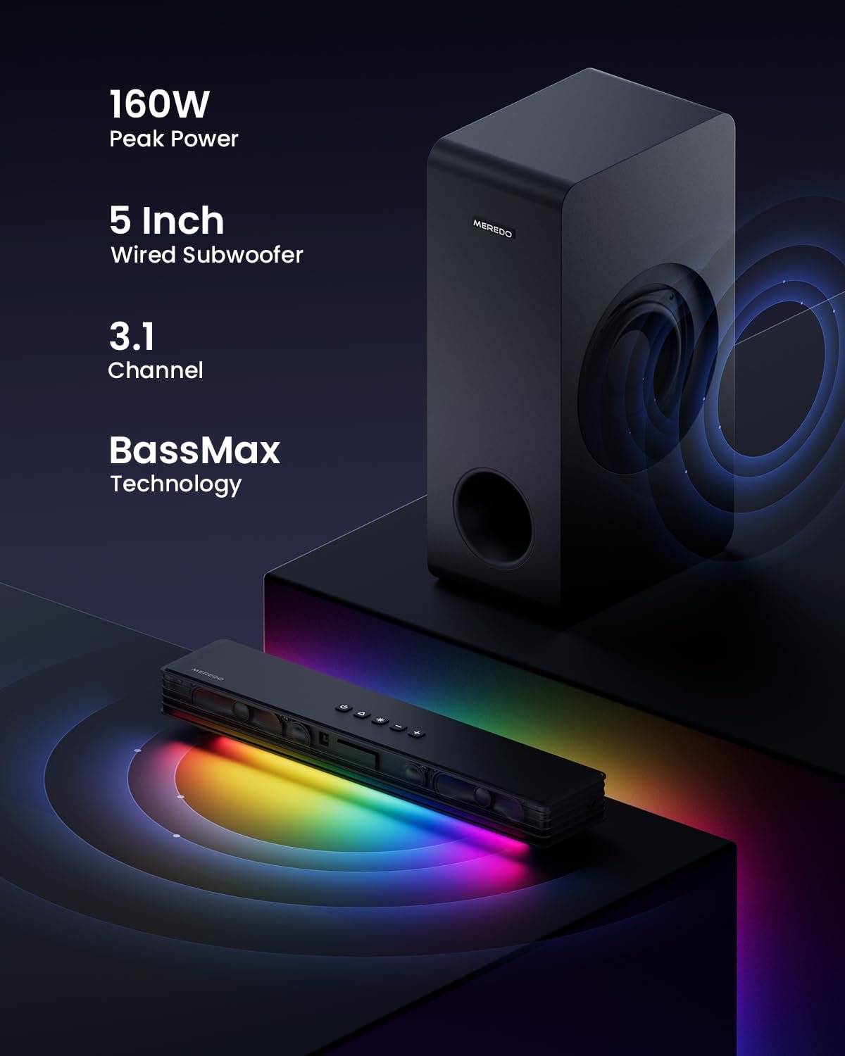 MEREDO Sound Bar for Smart TV 3.1CH PC Gaming Soundbar with Subwoofer RGB Lighting Audio Sync Surround Sound System BT 5.3/HD-ARC/Optical/AUX/USB for Desktop Tablets Consoles Home Cinema - Image 4