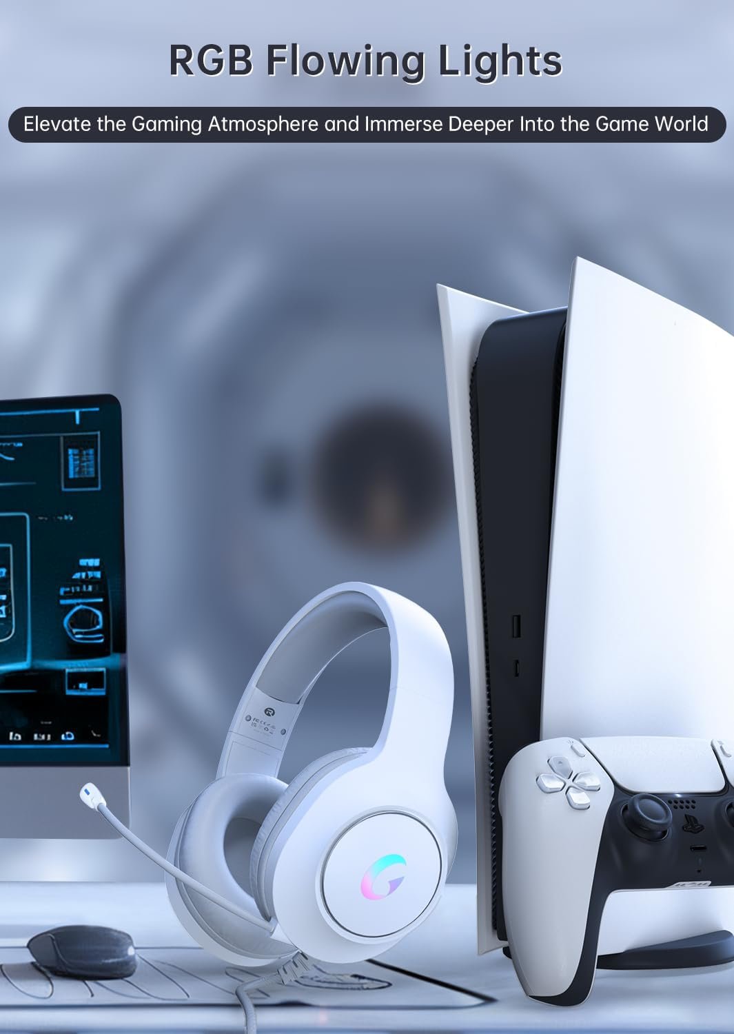 CM7002 Gaming Headset for PS5, PS4, PC, Mac, Switch, Xbox Series, Surround Sound RGB Gaming Headphones with Noise Canceling Microphone, 50MM Dynamic Drivers, 3.5MM Audio Jack, Light White - Image 4