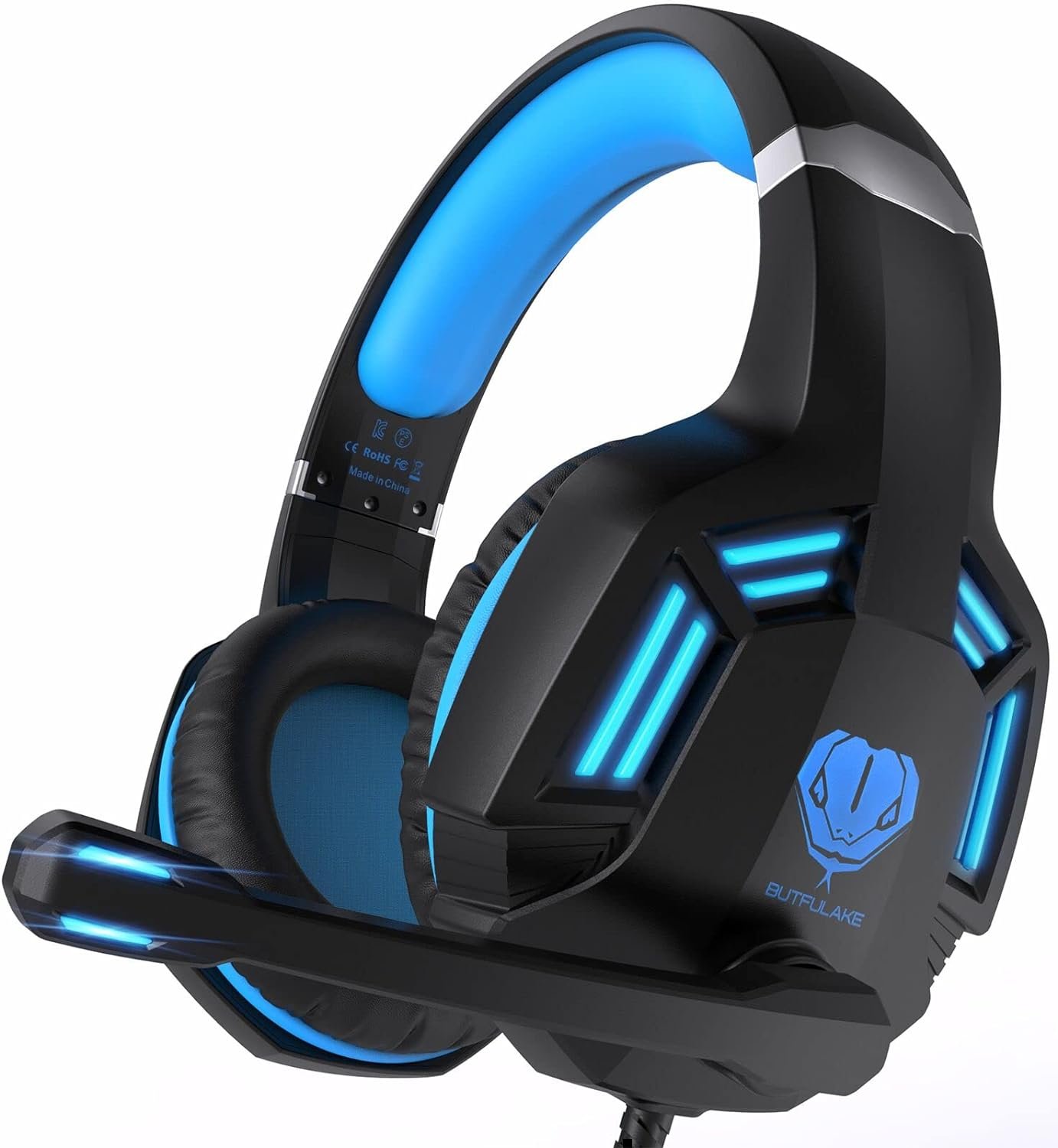 Gaming Headset for PS4, PC, Xbox One, PS5, for Nintendo Switch, Wired Over Ear Headphones with Stereo Surround Sound, Noise-Cancelling Microphone, LED Lights for Kids Adults, Black Blue - Image 2