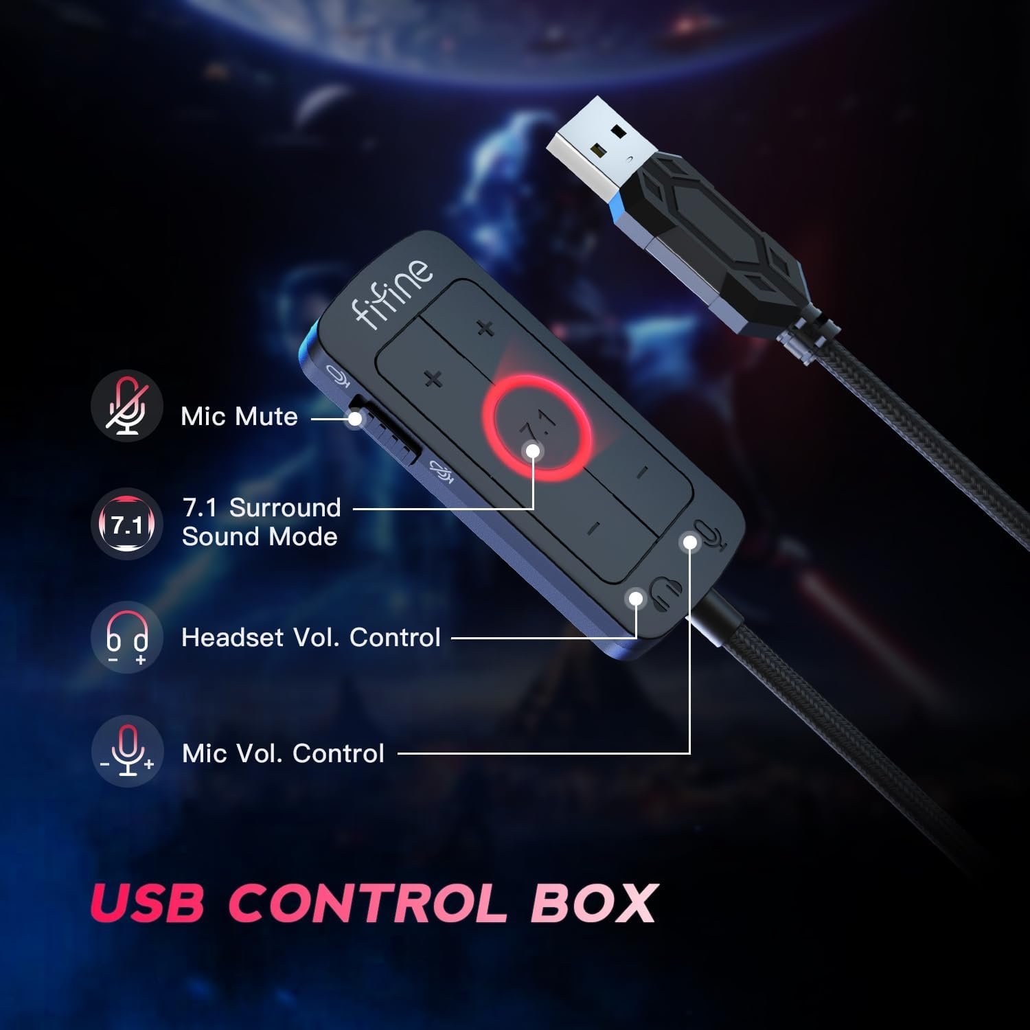 FIFINE PC Gaming Headset, USB Headset with 7.1 Surround Sound, Detachable Microphone, Control Box, 3.5mm Headphones Jack, Over-Ear Wired Headphones for PS5/Xbox/Switch, Black-AmpliGame H9 - Image 7