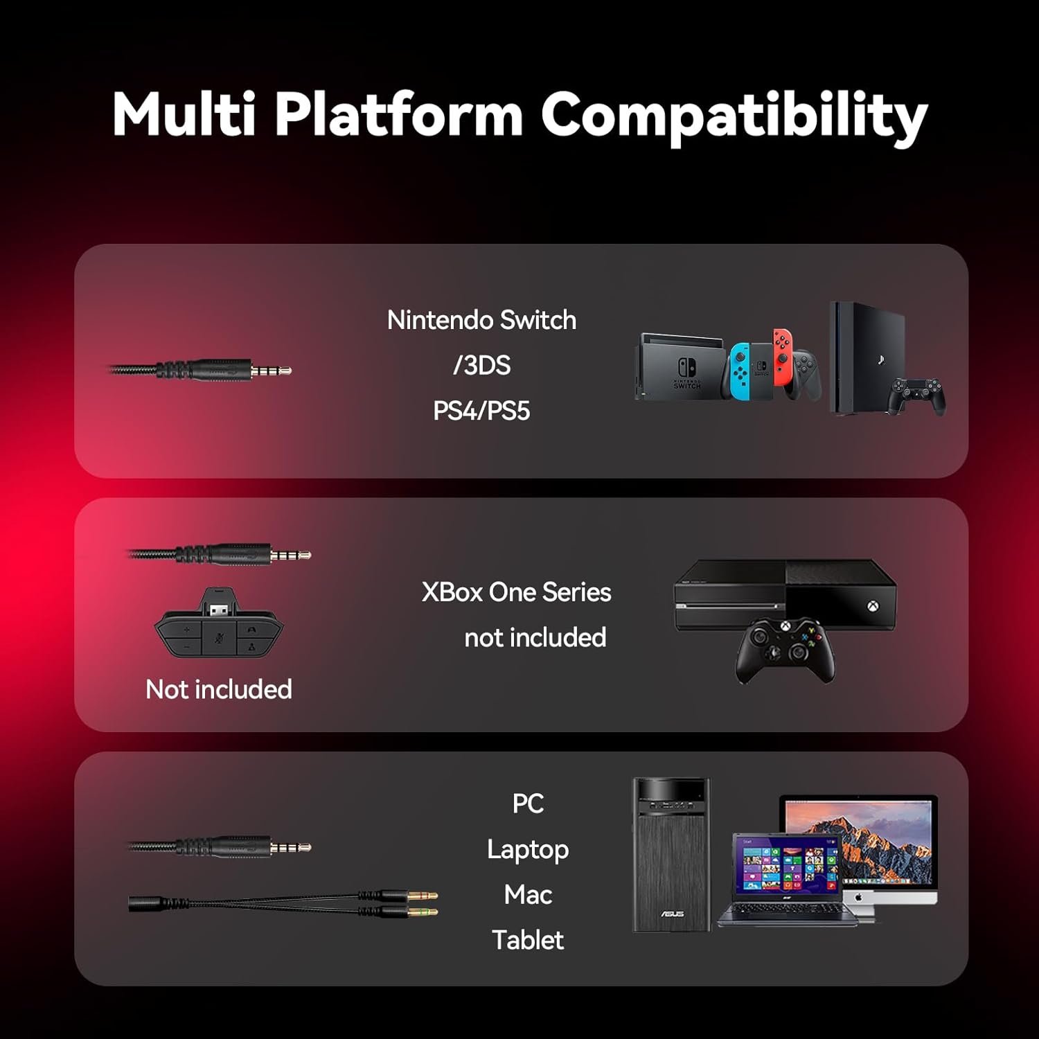 A88 Gaming Headset with Microphone, Stereo Wired Noise Cancelling Over-Ear Headphones with Mic for Pc, Ps5, Xbox One Series X/s, Ps4, Computer, Laptop, Mac, Nintendo, Gamer (Red) - Image 6