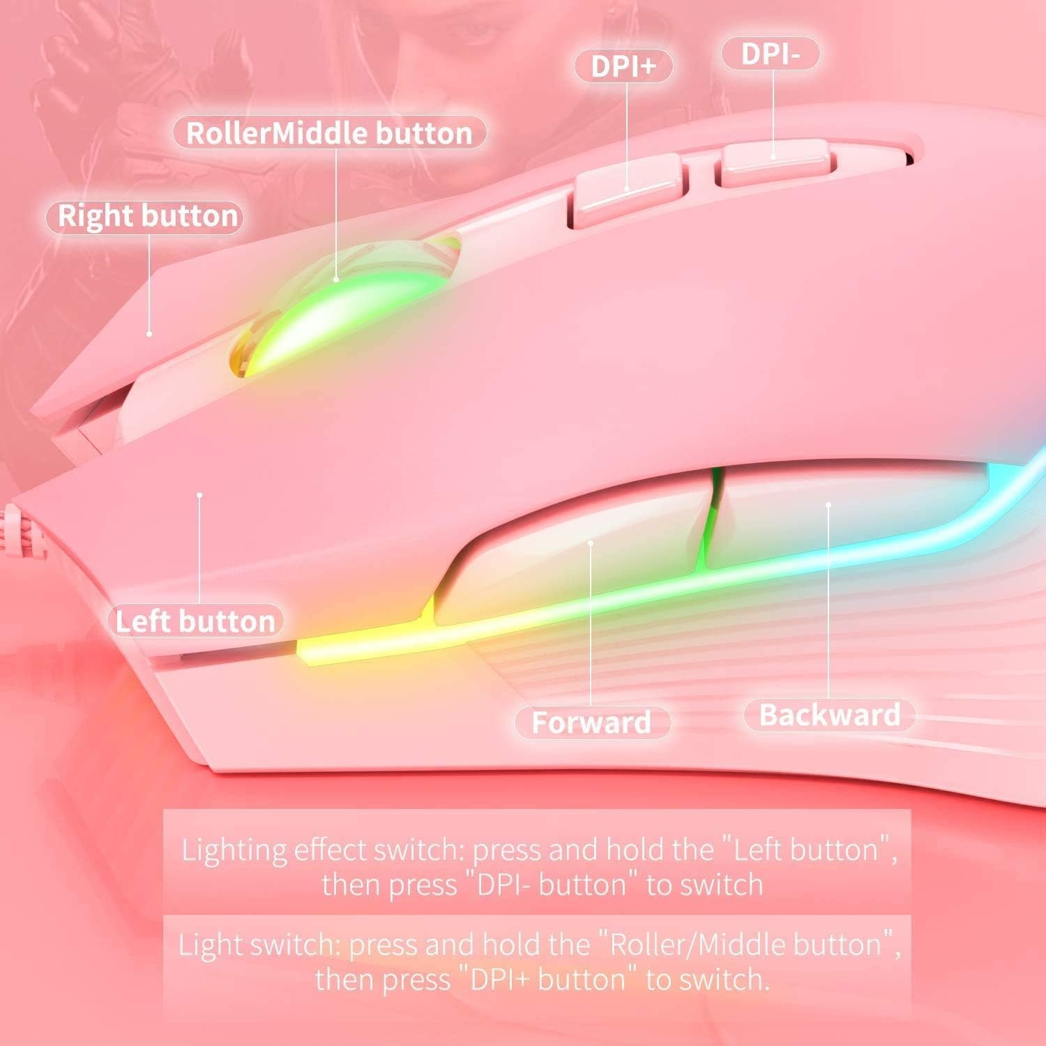 RGB Gaming Mouse Wired, USB Optical Computer Mice with RGB Backlit, 6 Adjustable DPI Up to 6400, Ergonomic Gamer Laptop PC Mouse with 7 Programmable Buttons for Windows Vista Linux (Pink) - Image 7