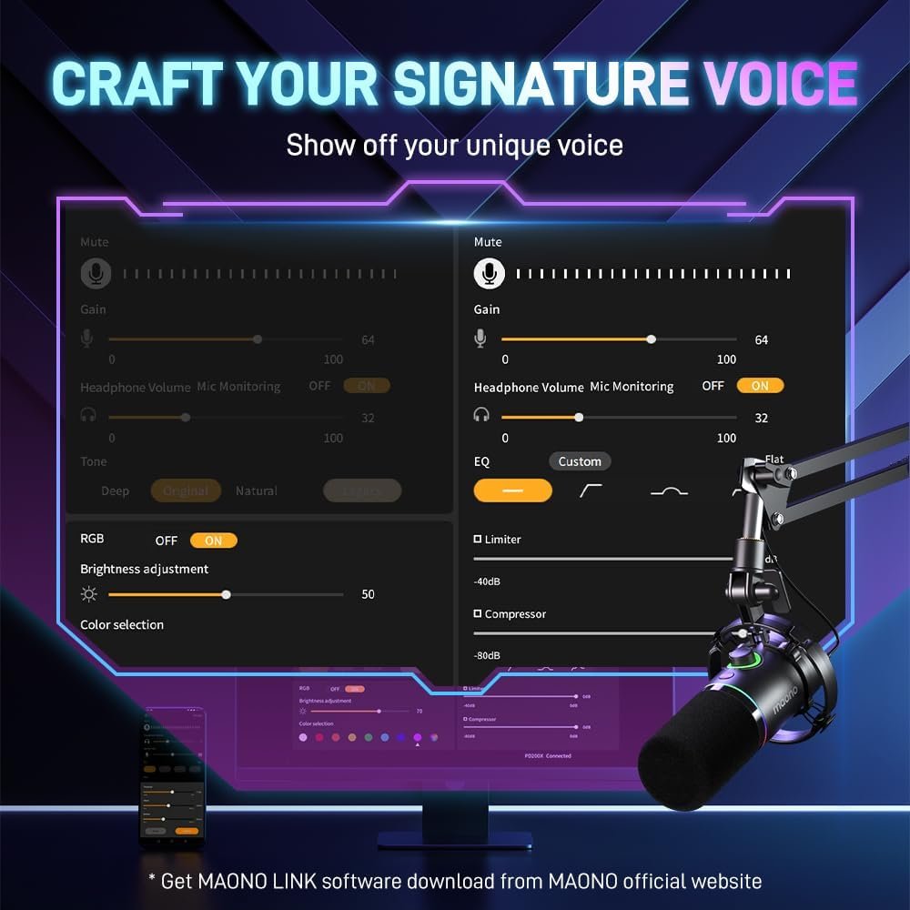 MAONO XLR/USB Dynamic Microphone, RGB Gaming Mic with Software, Mute, Gain Knob, Volume Control and Headphone Jack for Streaming, Podcasting, Recording-PD200X (Black) - Image 4