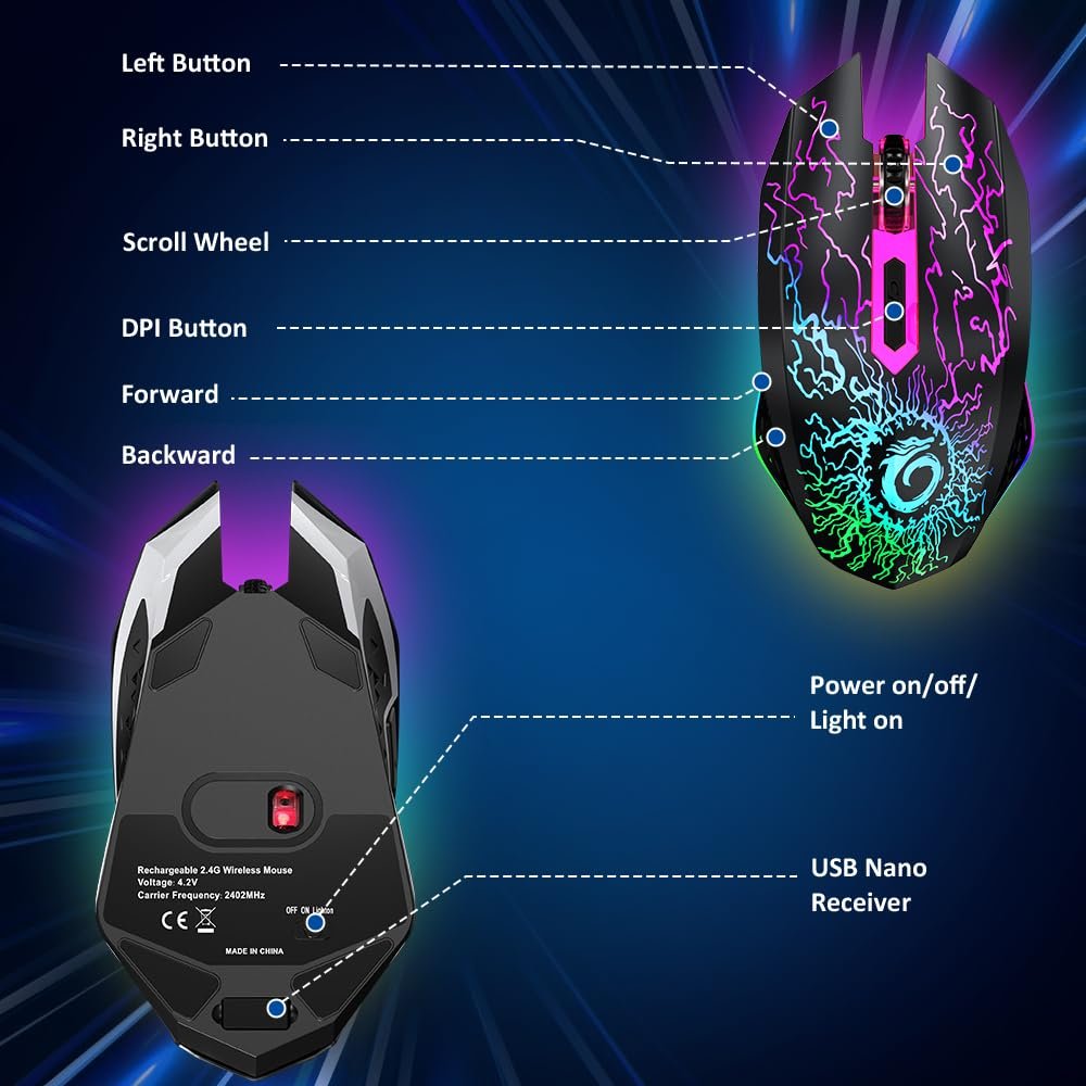 VersionTECH. Wireless Gaming Mouse, Rechargeable Computer Mouse Mice with Colorful LED Lights, Silent Click, 2.4G USB Nano Receiver, 3 Level DPI for PC Gamer Laptop Desktop Chromebook Mac-Black - Image 7