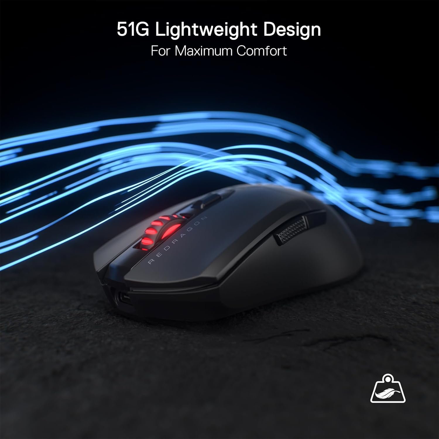 Redragon M995 Pro Wireless Gaming Mouse, 26000 DPI Wired/Wireless Mouse, BT & 2.4G Wireless, 6 Macro Buttons, 51G Ultra Lightweight, Reliable Power Capacity for PC/Mac/Laptop, Black - Image 7