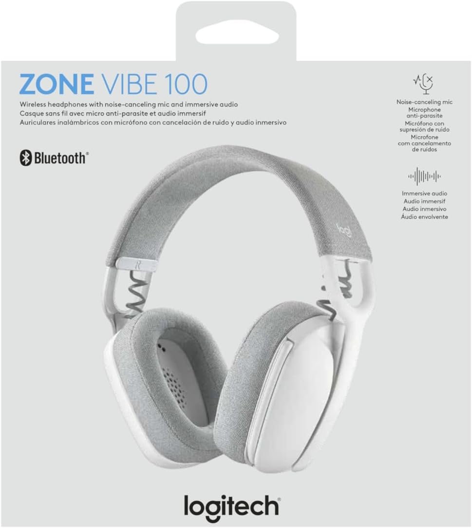 Logitech Zone Vibe 100 Lightweight Wireless Over Ear Headphones with Noise Canceling Microphone, Advanced Multipoint Bluetooth Headset, Works with Teams, Google Meet, Zoom, Mac/PC - Off White - Image 12