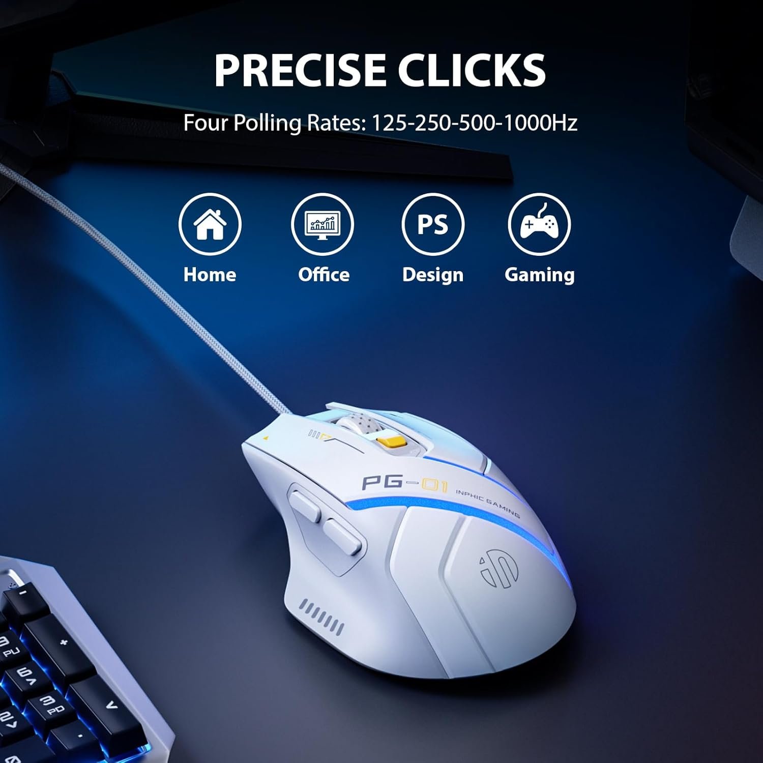 INPHIC PG1 Wired Computer Mouse Ergonomic, 12800 DPI High-Precision, 6 Programmable Buttons, RGB Backlit for Gaming - White Gray - Image 6