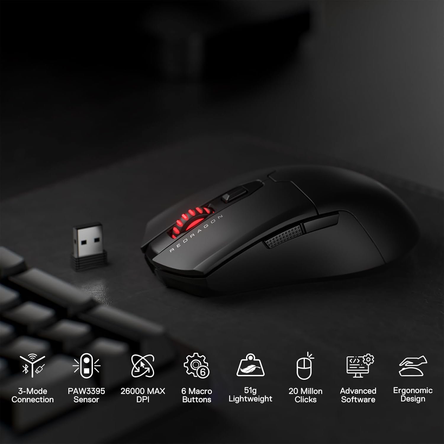 Redragon M995 Pro Wireless Gaming Mouse, 26000 DPI Wired/Wireless Mouse, BT & 2.4G Wireless, 6 Macro Buttons, 51G Ultra Lightweight, Reliable Power Capacity for PC/Mac/Laptop, Black - Image 3