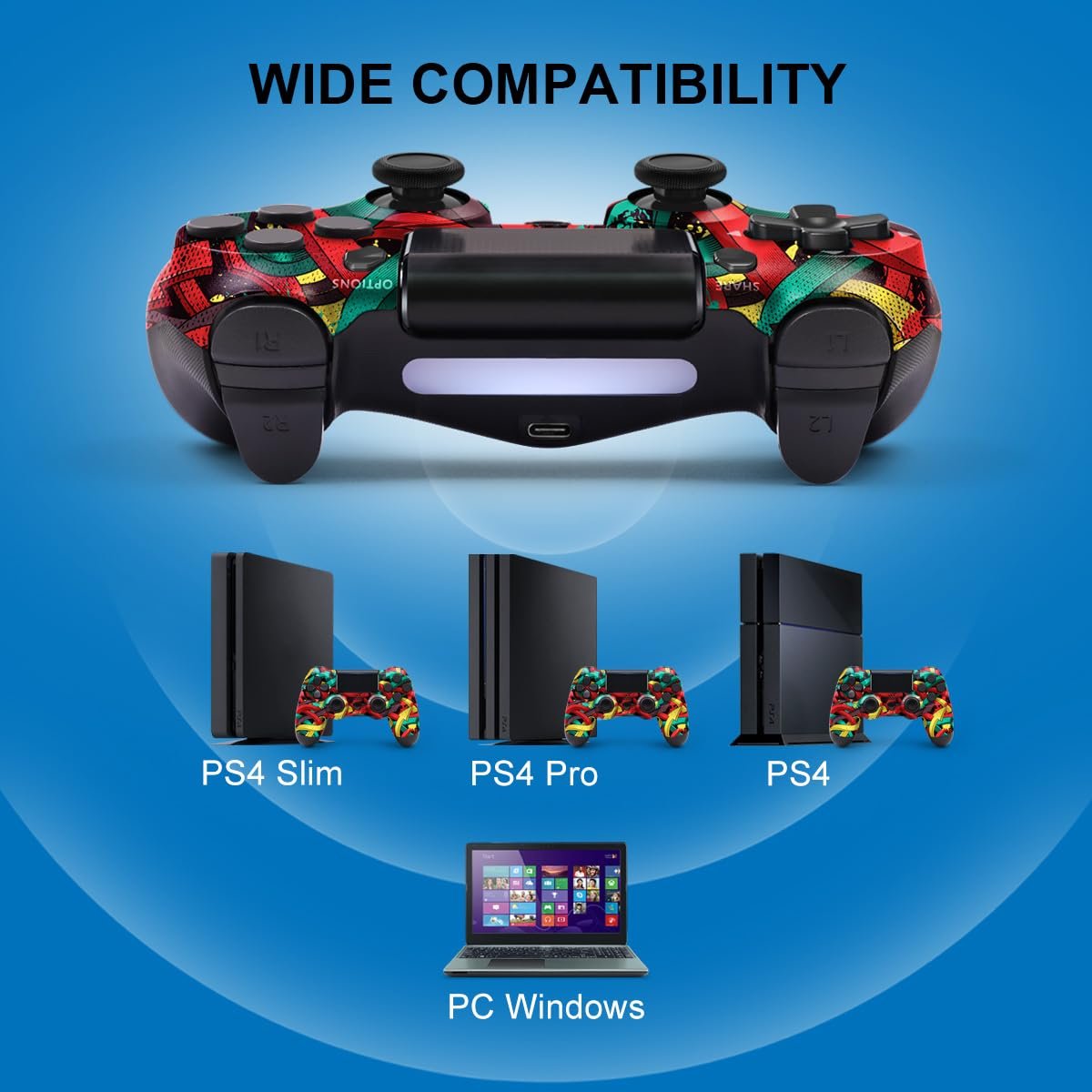 MOOGOLE Wireless Controller for PS4, with USB C Cable/1000mAh Battery/Dual Motors/6-Axis Gyro/3.5mm Audio Jack/Multi Touch Pad/Share Button, Compatible with PS4/Slim/Pro/PC (Colorful Arrows) - Image 4
