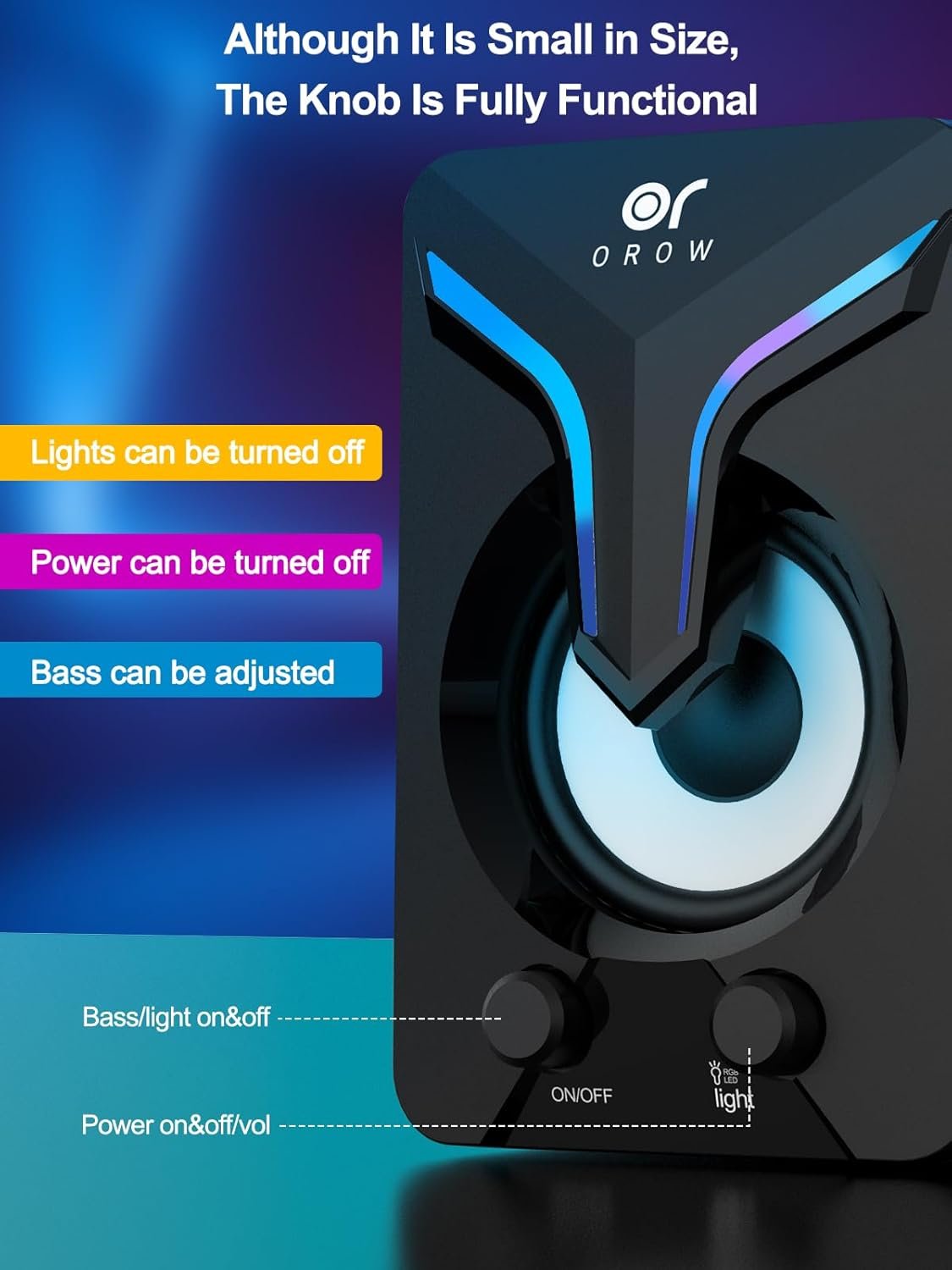 OROW Computer Speakers,Mini PC Speakers with Subwoofer,2.1 Desktop Speaker with RGB Lights,USB Powered, Stereo Sound,Gaming Speakerwith 3.5mm Aux Cable for Monitor/Laptop/Tablet(S212) - Image 6