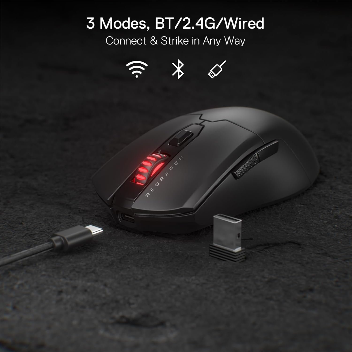 Redragon M995 Pro Wireless Gaming Mouse, 26000 DPI Wired/Wireless Mouse, BT & 2.4G Wireless, 6 Macro Buttons, 51G Ultra Lightweight, Reliable Power Capacity for PC/Mac/Laptop, Black - Image 4