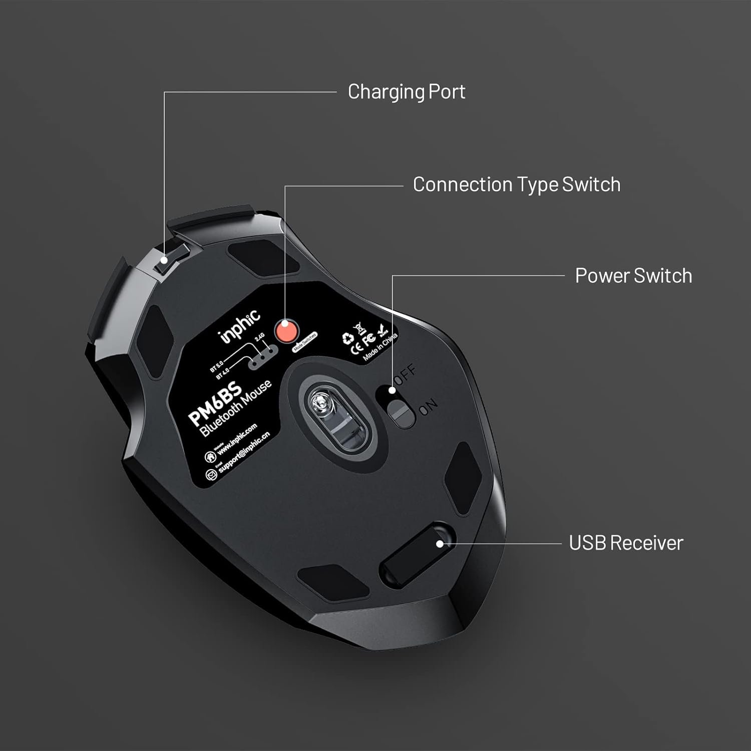 INPHIC Multi-Device Bluetooth Mouse Wireless, Rechargeable, USB Receiver, 6 Buttons, Ergonomic for Laptop, Computer, Mac, PC etc. - Image 7