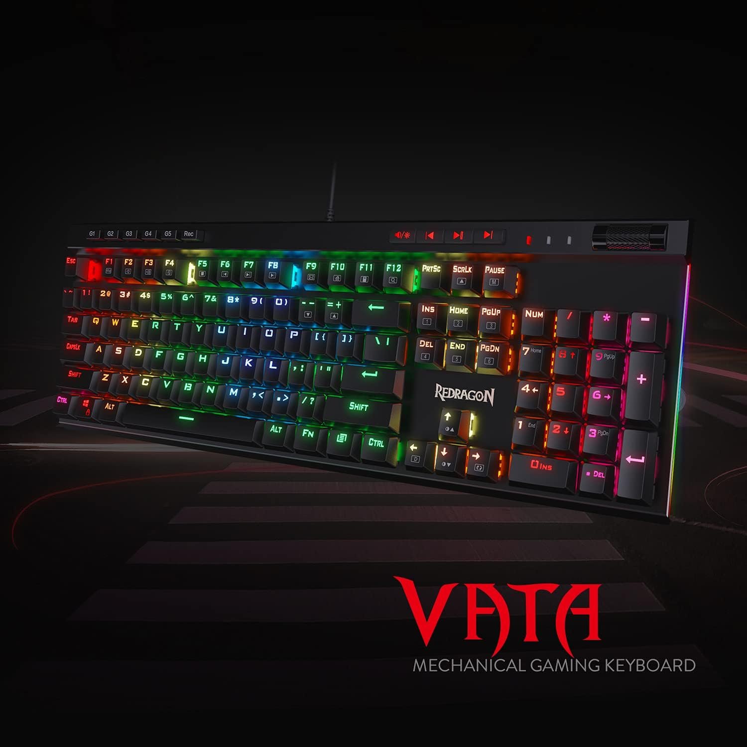 Redragon K580 VATA RGB LED Backlit Mechanical Gaming Keyboard with Macro Keys & Dedicated Media Controls, Hot-Swappable Socket, Onboard Macro Recording (Blue Switches) - Image 3