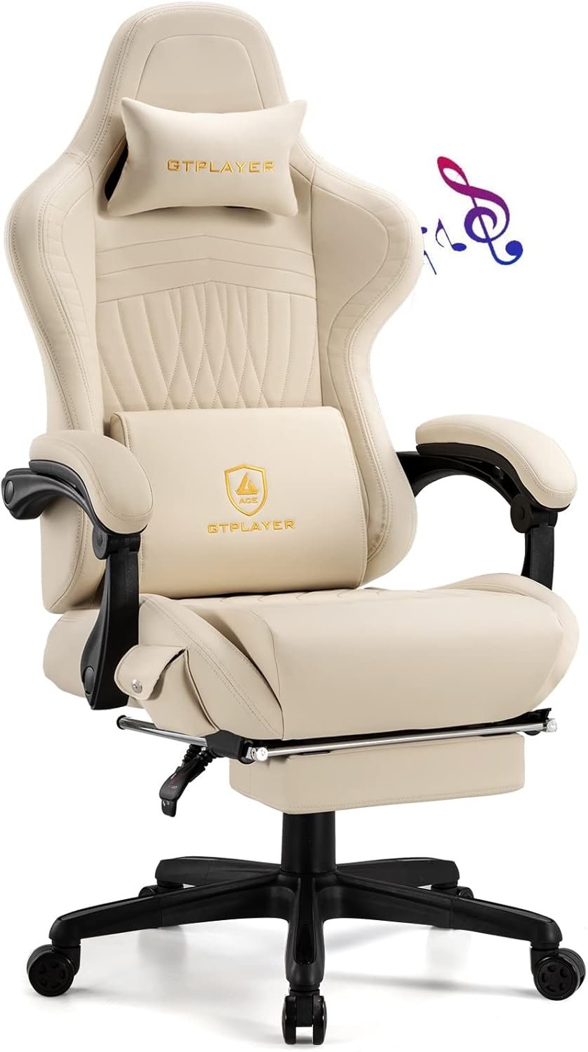 GTPLAYER Gaming Chair, Computer Chair with Footrest and Bluetooth Speakers, High Back Ergonomic Gaming Chairs, Reclining Gaming Chair with Linkage Armrests for Adults by GTRacing (Leather, Ivory) - Image 2
