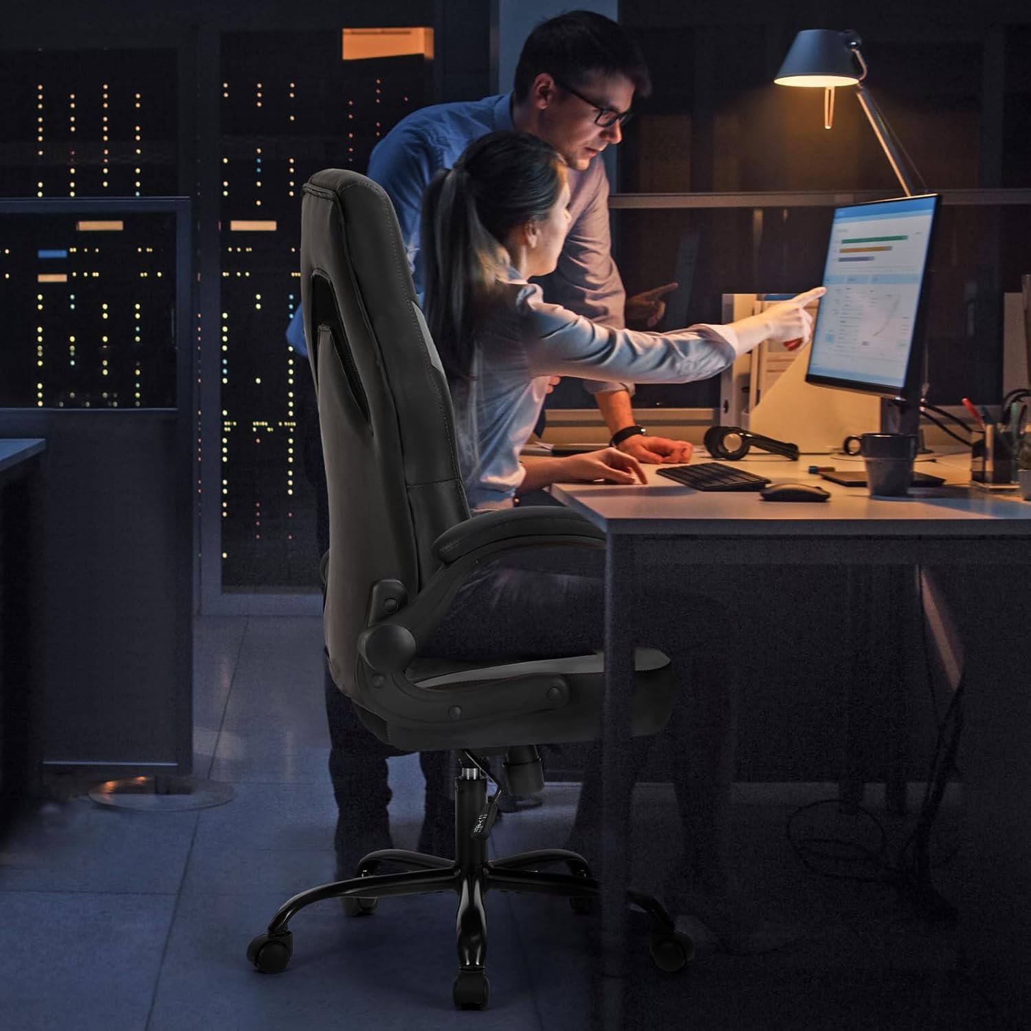 Sweetcrispy Computer Gaming Desk Chair - Ergonomic PU Leather with Comfy Lumbar Support, Height Adjustable Rolling Desk with Flip-up Armrests, for Home and Office - Image 9