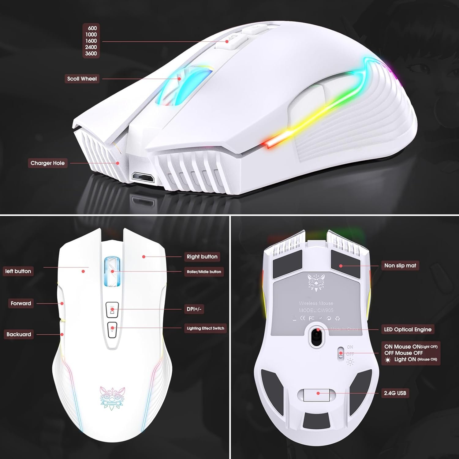 Rechargeable Wireless Gaming Mouse, Ergonomic RGB Computer Mouse with 2.4G Receiver, RGB Backlight, Adjustable DPI Up to 3600, 7 Buttons (Not Programmable) for Windows Vista Linux (White) - Image 6