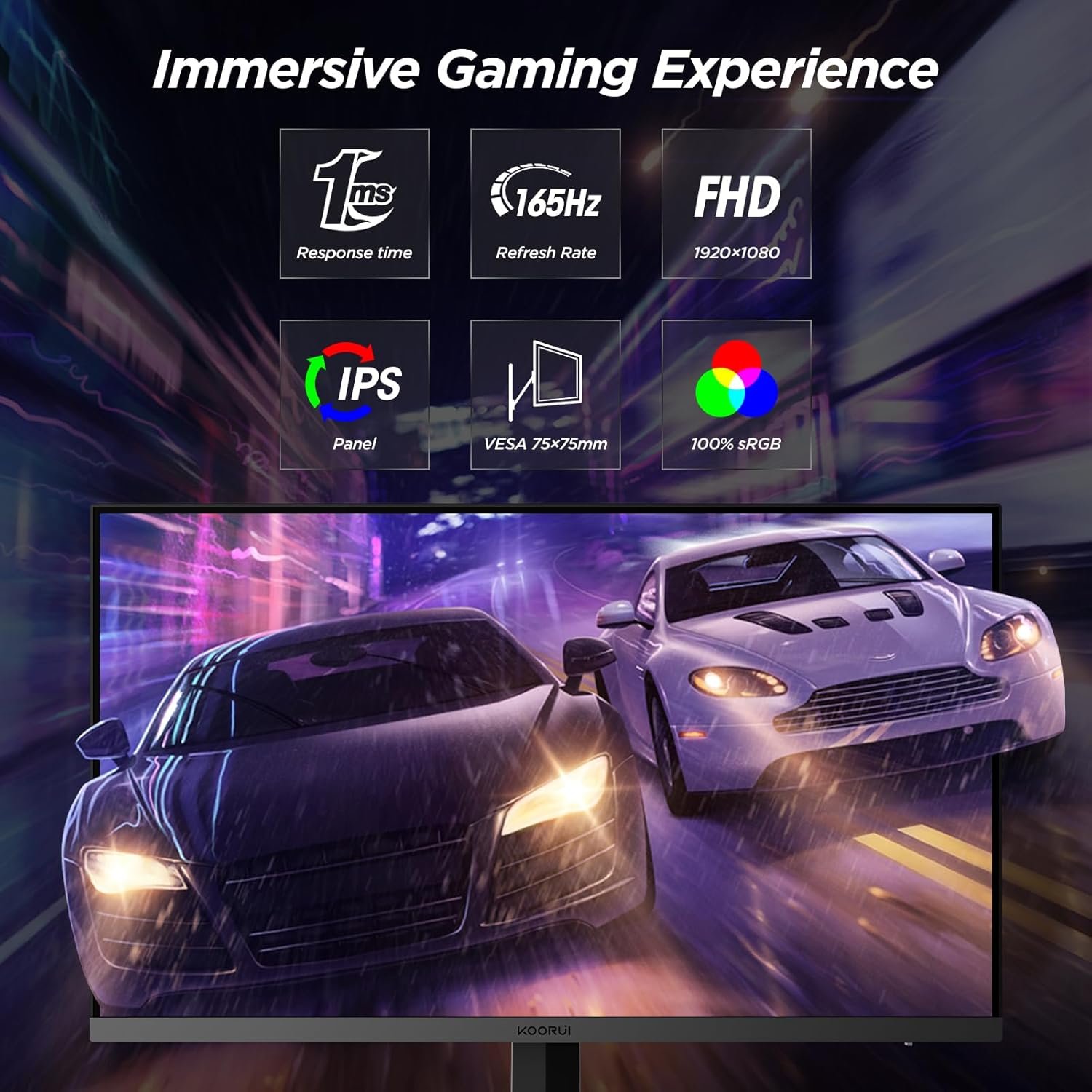 KOORUI Monitor, 27" Gaming Monitor, 165Hz, IPS, FHD 1920 x 1080 1ms Computer Monitor with Adaptive Sync, 75x75 mm VESA Mountable, Tilt Adjustable, 2 x HDMI 2.0 & DisplayPort 1.4, GN06, Black - Image 3