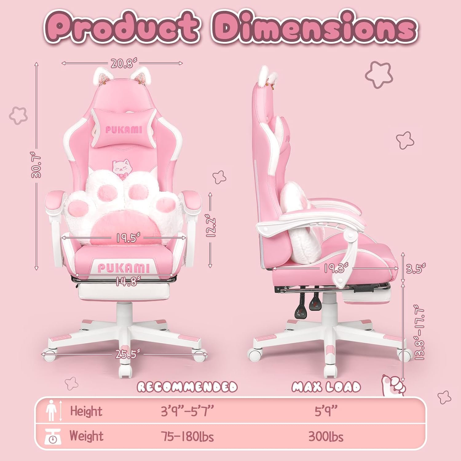 PUKAMI Pink Gaming Chair Cute with Cat Ears and Cat Paw Lumbar Cushion, Ergonomic Computer Chair for Girl with Footrest and Headrest, Comfortable Reclining PC Game Chair for Adult, Teen, Pink - Image 3