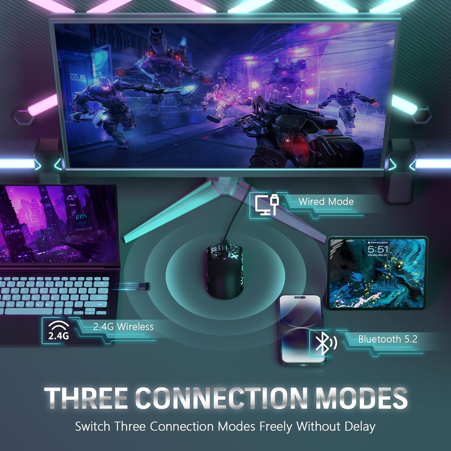 MAGIC-REFINER Attack Shark X11 59g Superlight Wireless Gaming Mouse with Grip Tape, RGB Charging Dock,BT/2.4G Wireless/Wired Pc Mouse, 22000 DPI,5 Programmable Buttons for Pc/Mac(Black) - Image 9