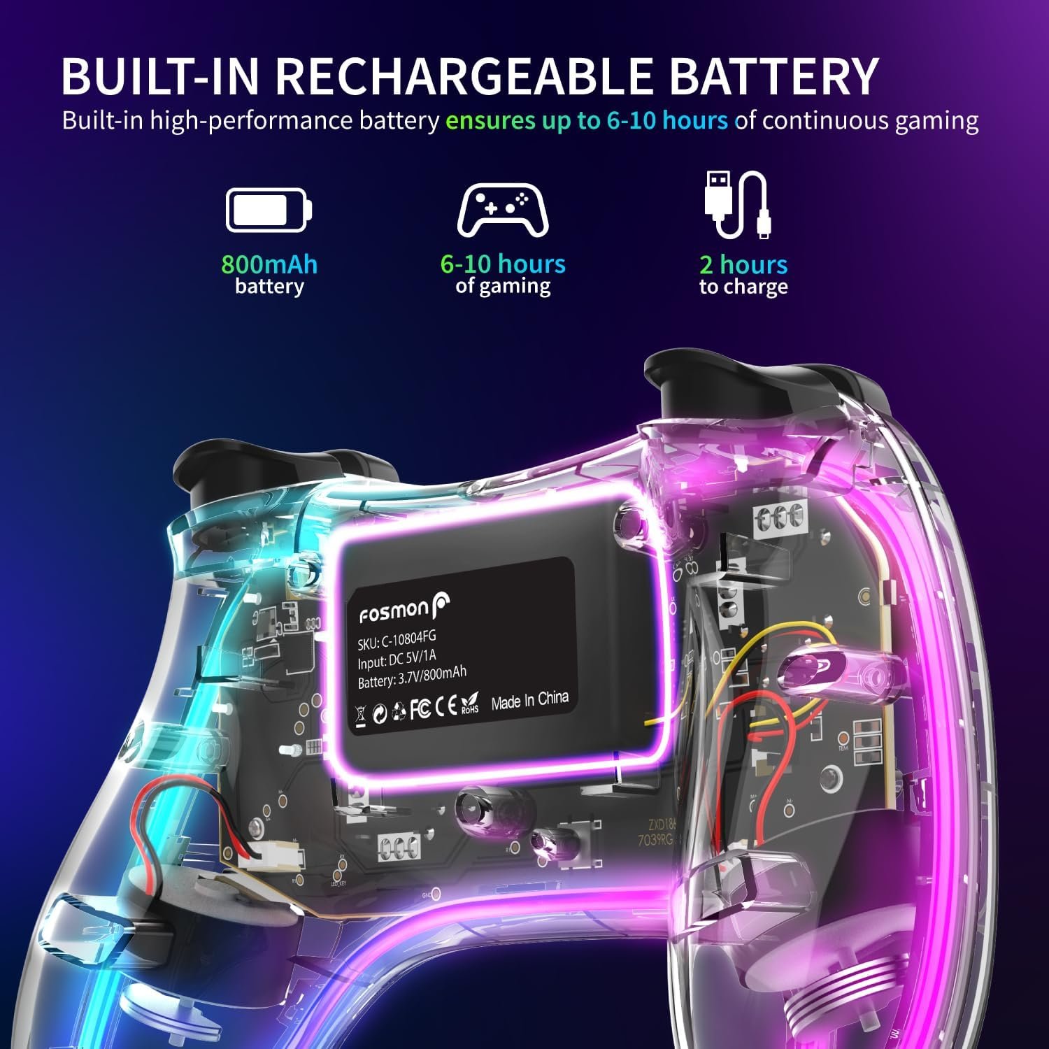 Fosmon Wireless Bluetooth Gaming Controller with RGB Lights (14 Color Setting) and 4 Level Vibration Function for Switch Pro Controllers, Switch/Switch Lite/OLED, PC, Tesla, Android/iOS - Image 6