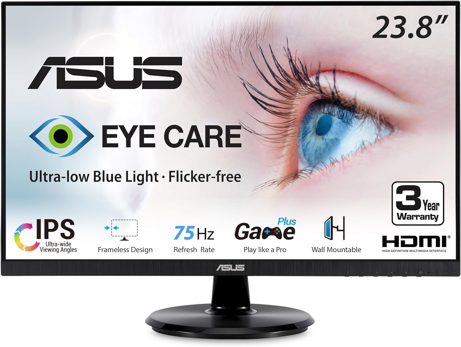 ASUS VA24DQ 23.8” Monitor, 1080P Full HD, 75Hz, IPS, Adaptive-Sync/FreeSync, Eye Care, HDMI DisplayPort VGA, Frameless, VESA Wall Mountable ,BLACK - Image 2