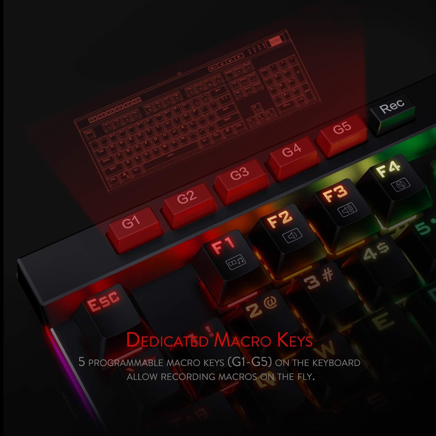 Redragon K580 VATA RGB LED Backlit Mechanical Gaming Keyboard with Macro Keys & Dedicated Media Controls, Hot-Swappable Socket, Onboard Macro Recording (Blue Switches) - Image 4