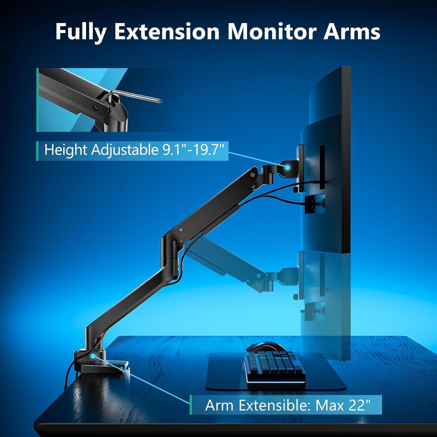 WALI Single Monitor Gas Spring Desk Mount, Heavy Duty Monitor Arm for Ultrawide Screen up to 49 inch, 44 lbs with USB. Fully Adjustable, Mounting Holes 75 and 100 (GSMU001XL), Black - Image 6