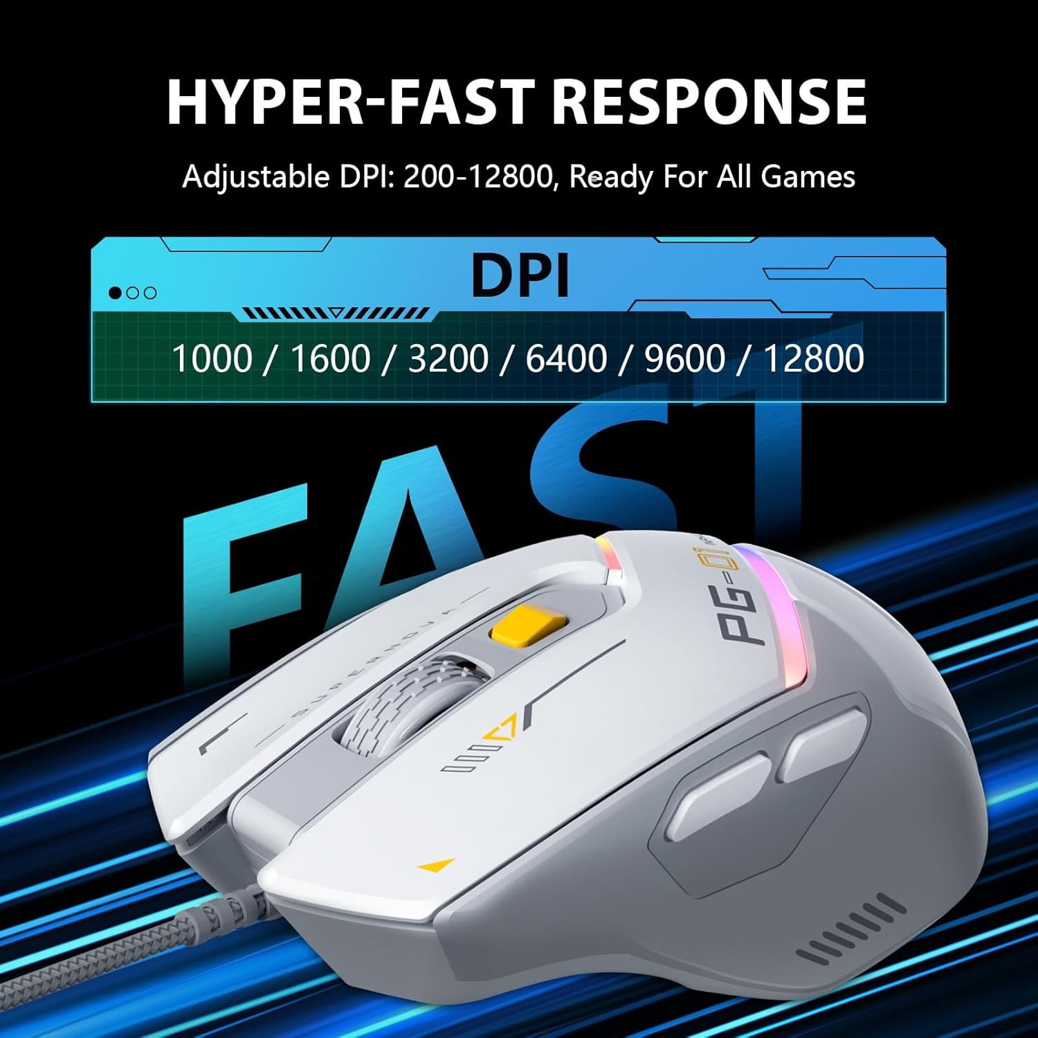 INPHIC PG1 Wired Computer Mouse Ergonomic, 12800 DPI High-Precision, 6 Programmable Buttons, RGB Backlit for Gaming - White Gray - Image 4