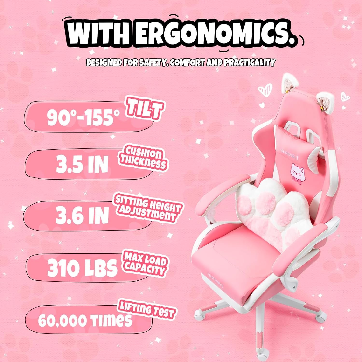 Pink Gaming Chair with Cat Paw Lumbar Cushion and Cat Ears, Ergonomic Computer Chair with Footrest, Reclining PC Game Chair for Girl, Teen - Image 7
