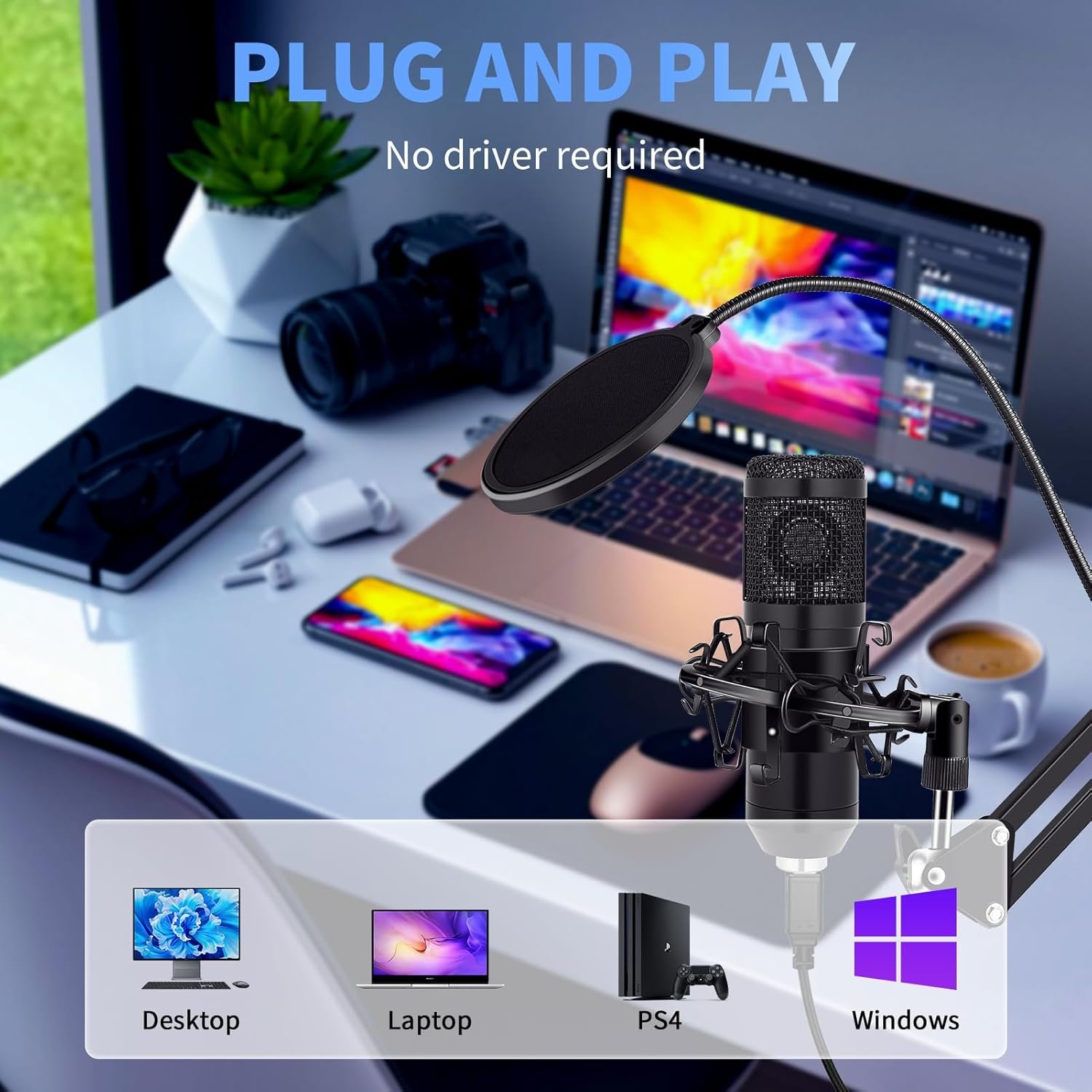 USB Condenser Microphone,Computer PC Microphone Kit with Adjustable Boom Arm Stand Shock Mount for YouTube Vocal Gaming Streaming - Image 3