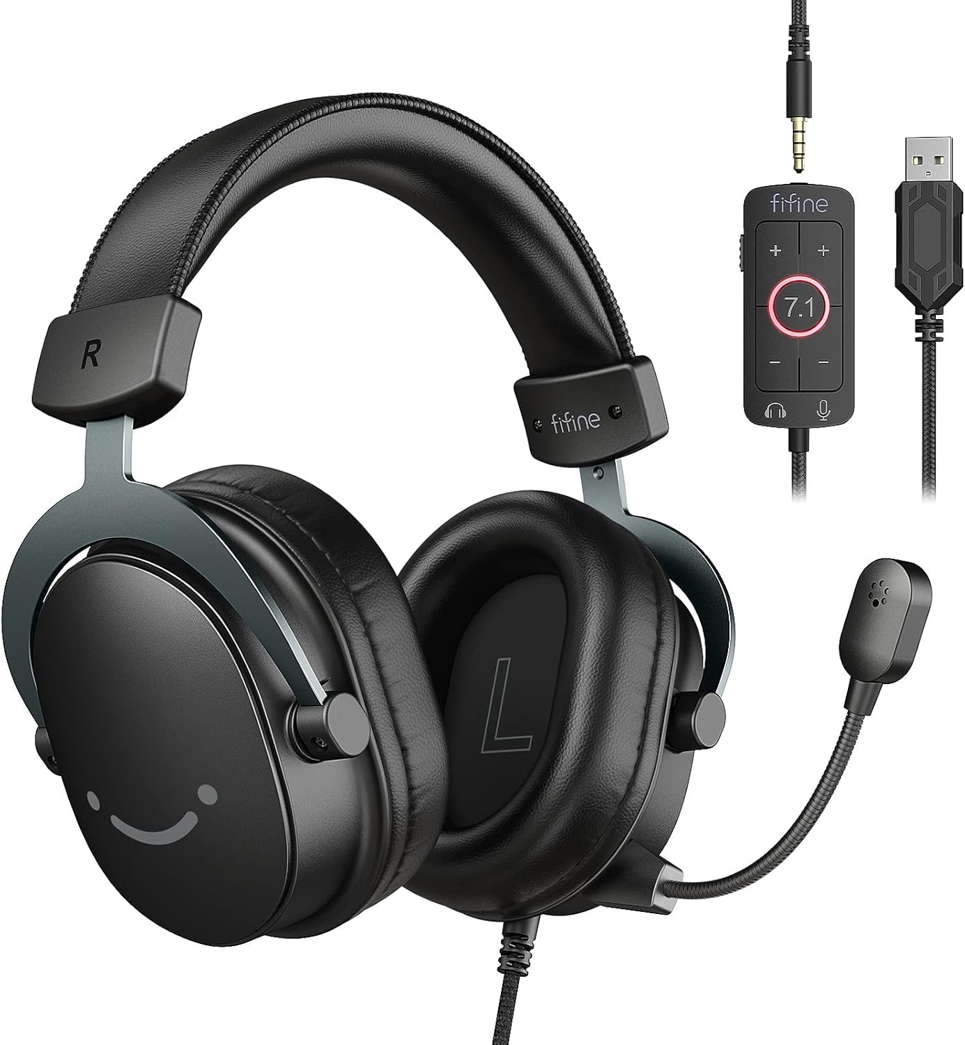 FIFINE PC Gaming Headset, USB Headset with 7.1 Surround Sound, Detachable Microphone, Control Box, 3.5mm Headphones Jack, Over-Ear Wired Headphones for PS5/Xbox/Switch, Black-AmpliGame H9 - Image 2