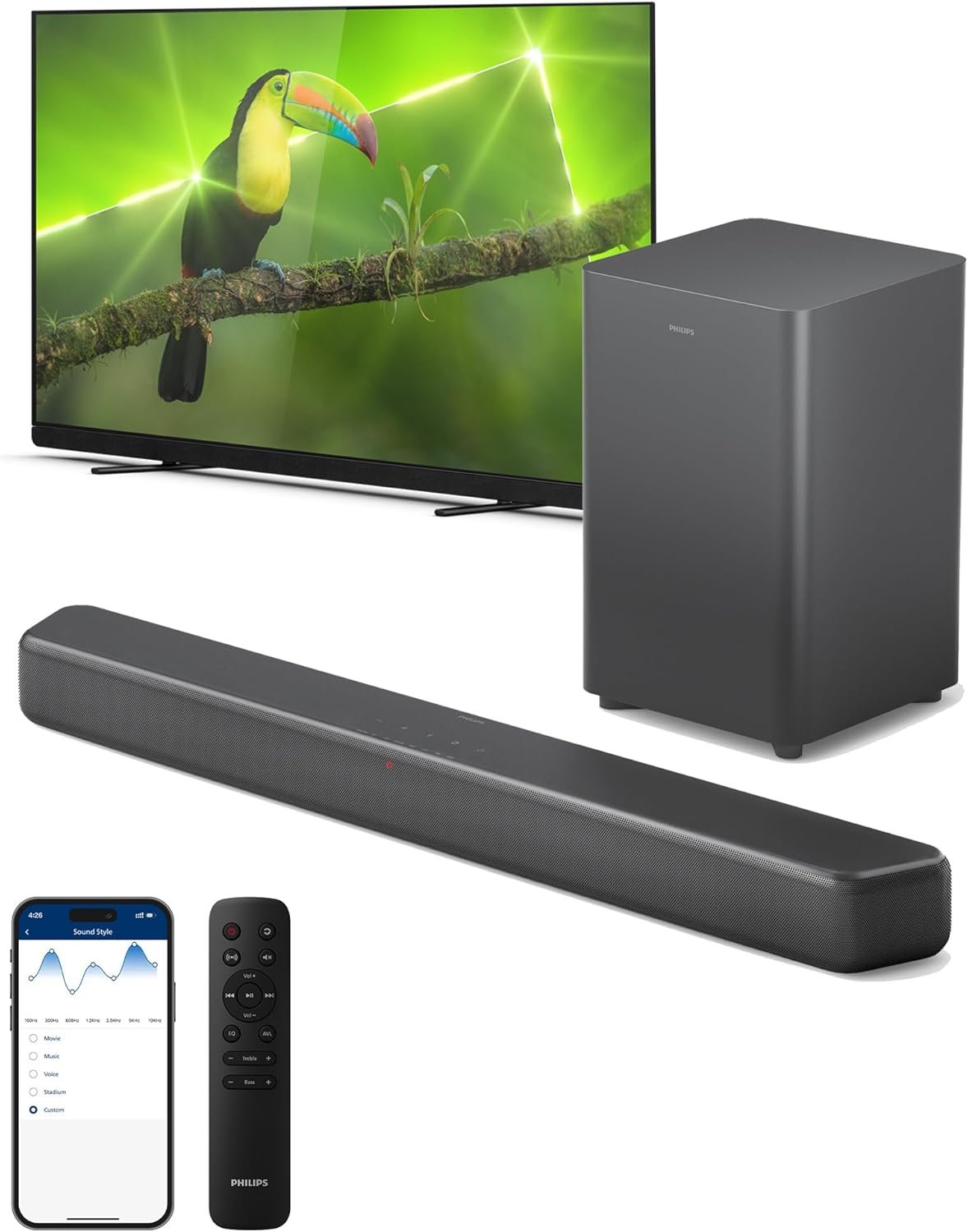 PHILIPS B5309 Soundbar 2.1 with Wireless Subwoofer and Immersive DTS Virtual:X Audio Technology - 240W Max Power, Deep Bass, Bluetooth 5.4, Four EQ Modes, HDMI ARC and USB connectivity - Dark Grey - Image 2