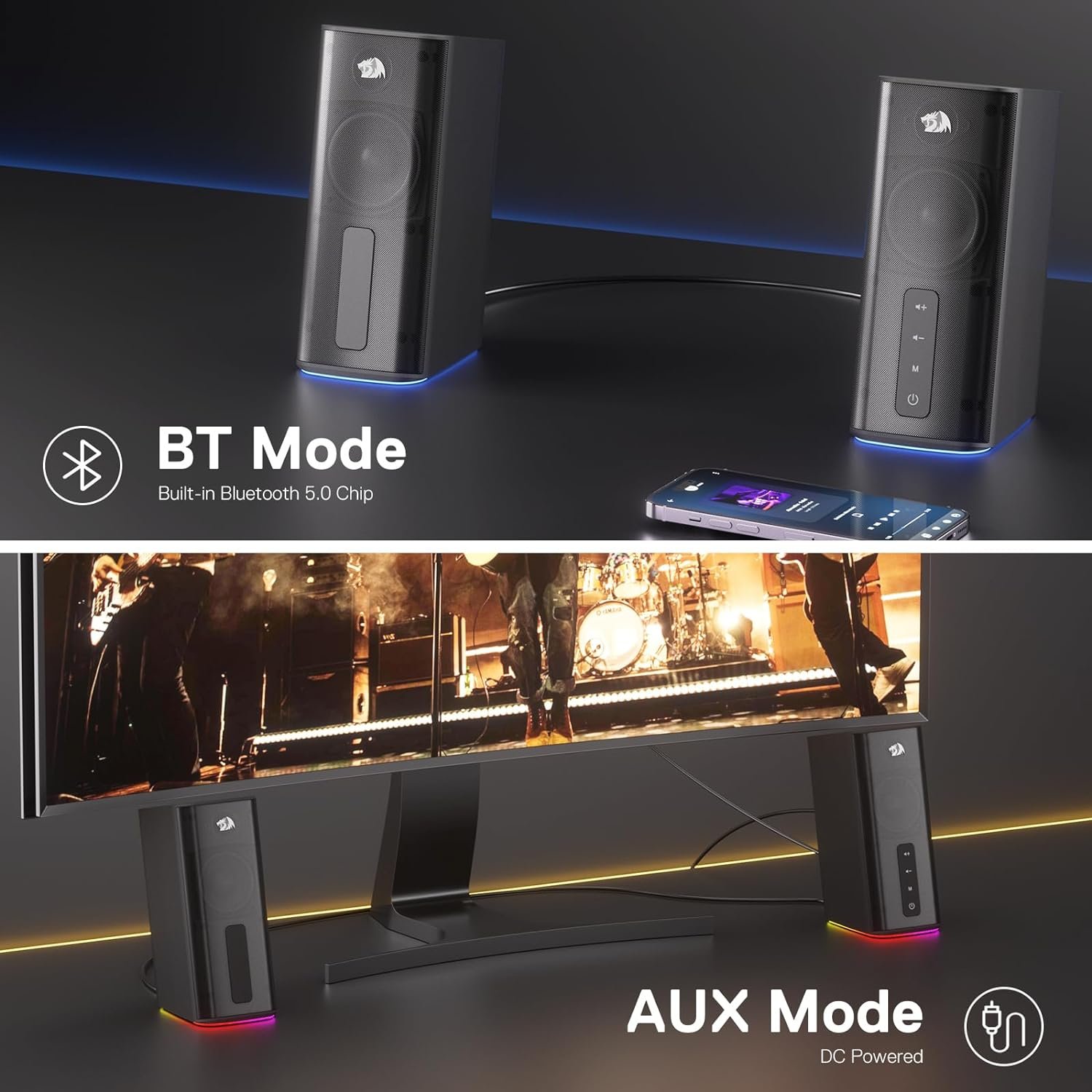 Redragon GS814 Stereo Desktop Speaker, 20W Output, 4 Real Units, BT 5.0/3.5mm AUX, Enhanced Bass, Touch-Control, Dynamic RGB Lighting - Image 6