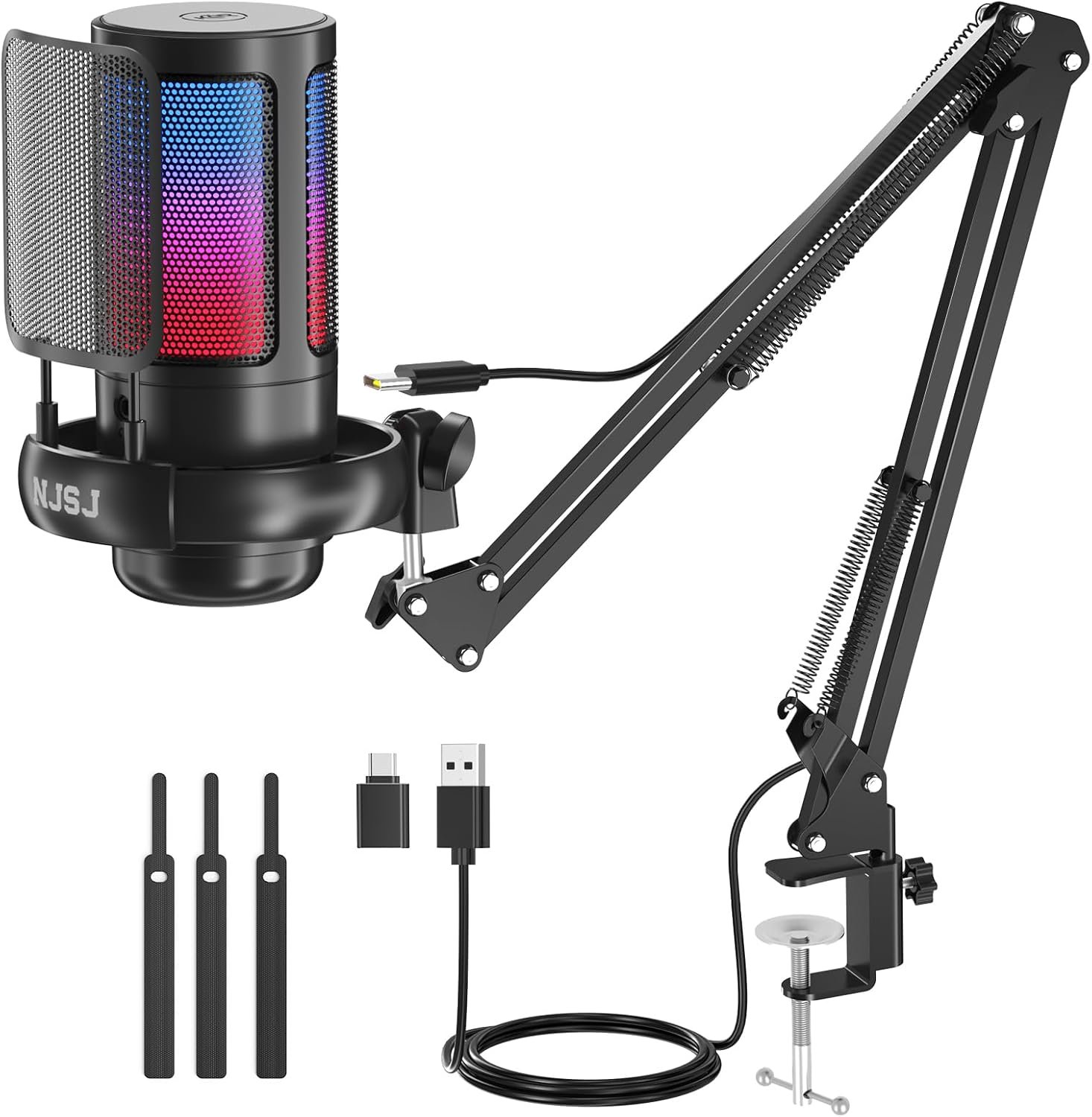NJSJ USB Gaming Microphone for PC, Condenser Mic with Boom Arm for PS4/ PS5/ Mac/Phone with Touch Mute, RGB Lighting,Gain knob & Monitoring Jack for Streaming,Podcasting,YouTube - Image 2