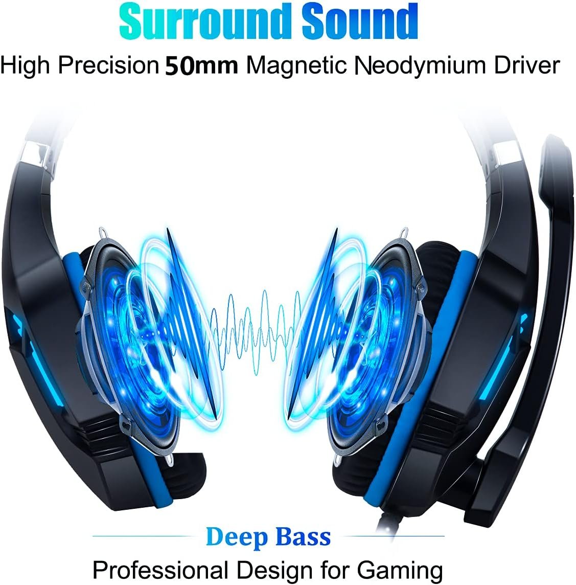 Gaming Headset for PS4, PC, Xbox One, PS5, for Nintendo Switch, Wired Over Ear Headphones with Stereo Surround Sound, Noise-Cancelling Microphone, LED Lights for Kids Adults, Black Blue - Image 3