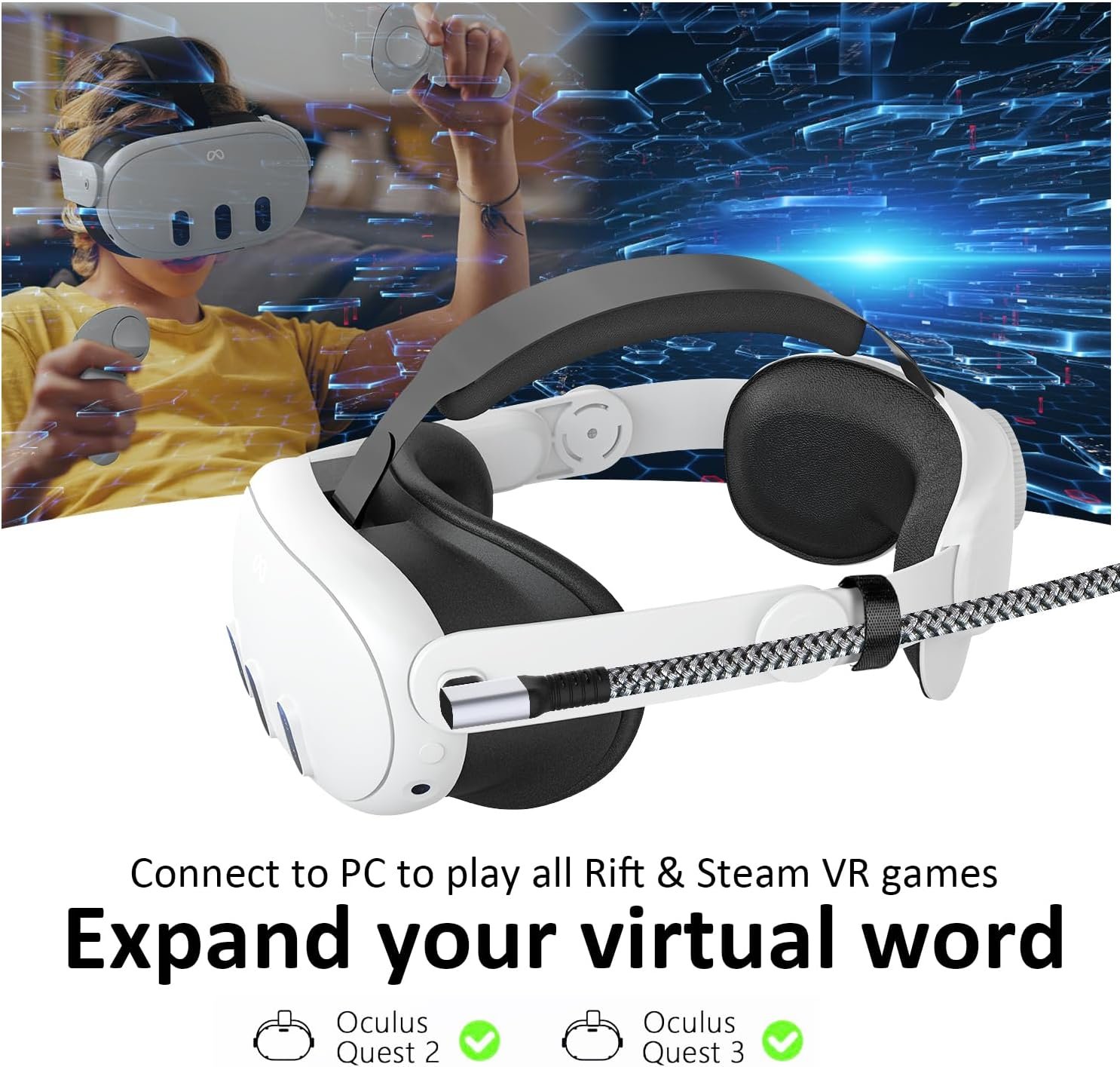 Link Cable 16FT VR Cable Compatible with Meta Oculus Quest 2/Quest 3S/Quest 3/Pro Pico, Nylon Braided Accessories and Gaming PC Steam VR, USB 3.0 Data Transfer Type C Cable, for VR Headset - Image 8