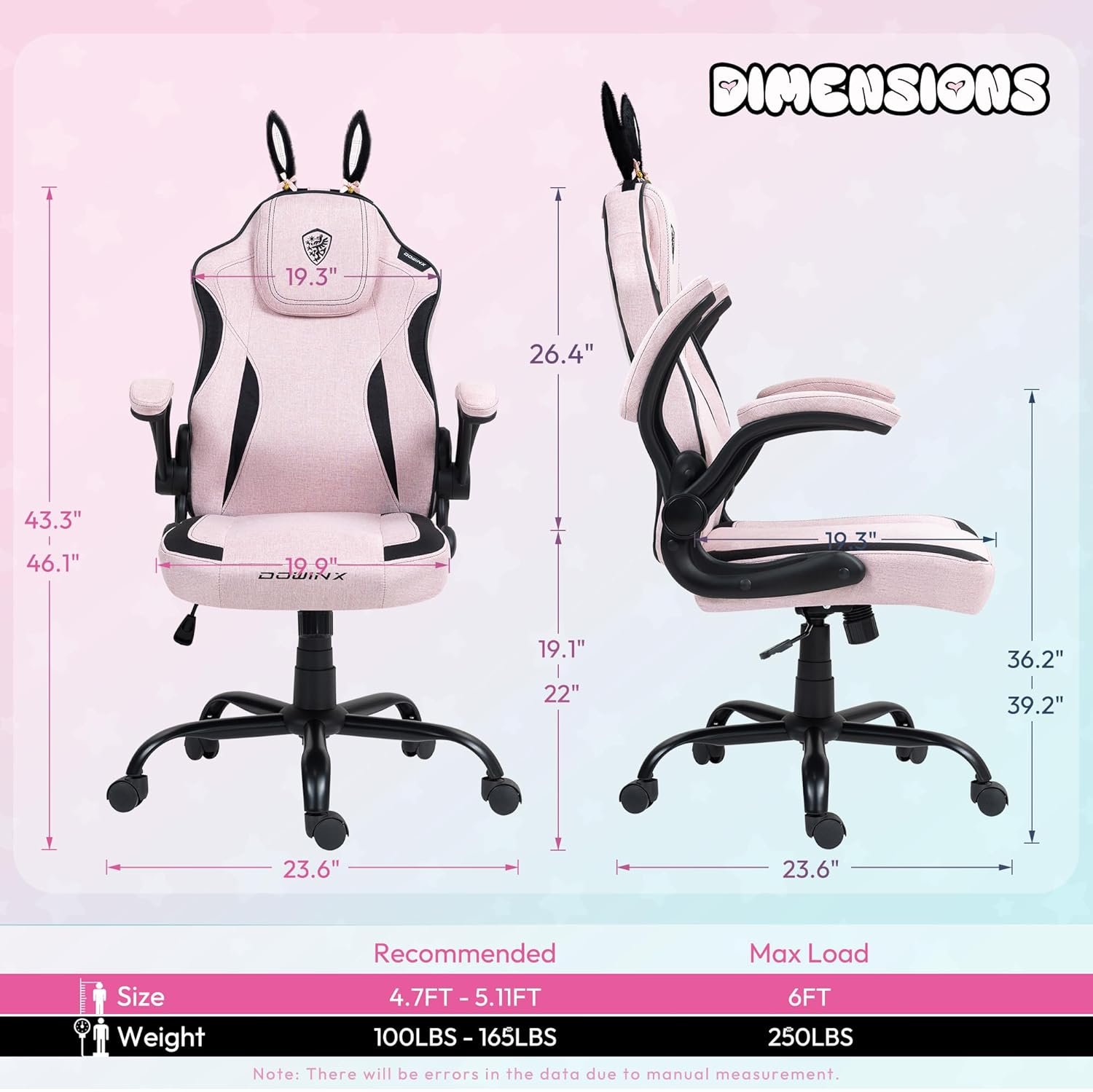 Dowinx Gaming Chair with Removable Cute Bunny Ears, Desk Game Chair Adiustable Height Cloth for Girl, Ergonomic Computer Chair for Adult, Teen, Executive Design for Home and Office, Pink - Image 3