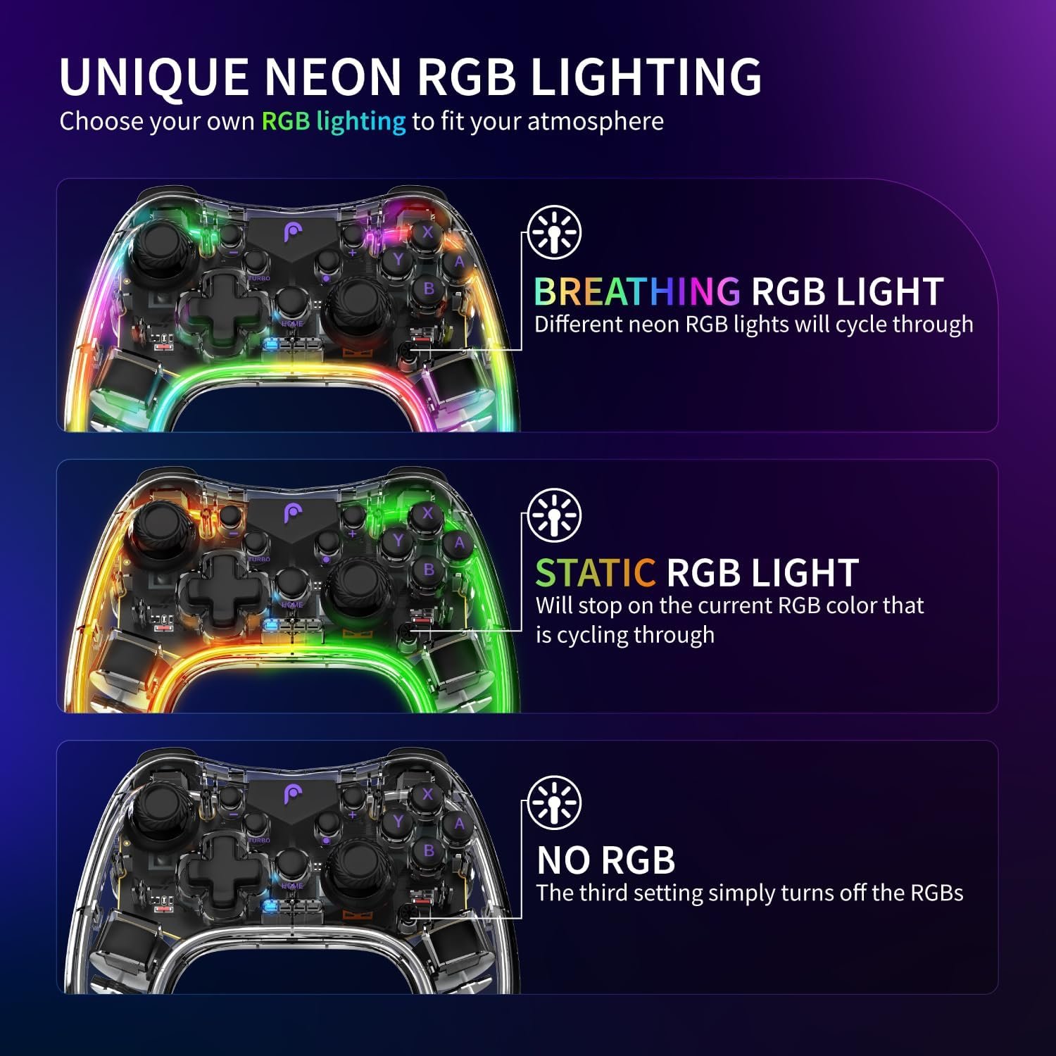 Fosmon Wireless Bluetooth Gaming Controller with RGB Lights (14 Color Setting) and 4 Level Vibration Function for Switch Pro Controllers, Switch/Switch Lite/OLED, PC, Tesla, Android/iOS - Image 3