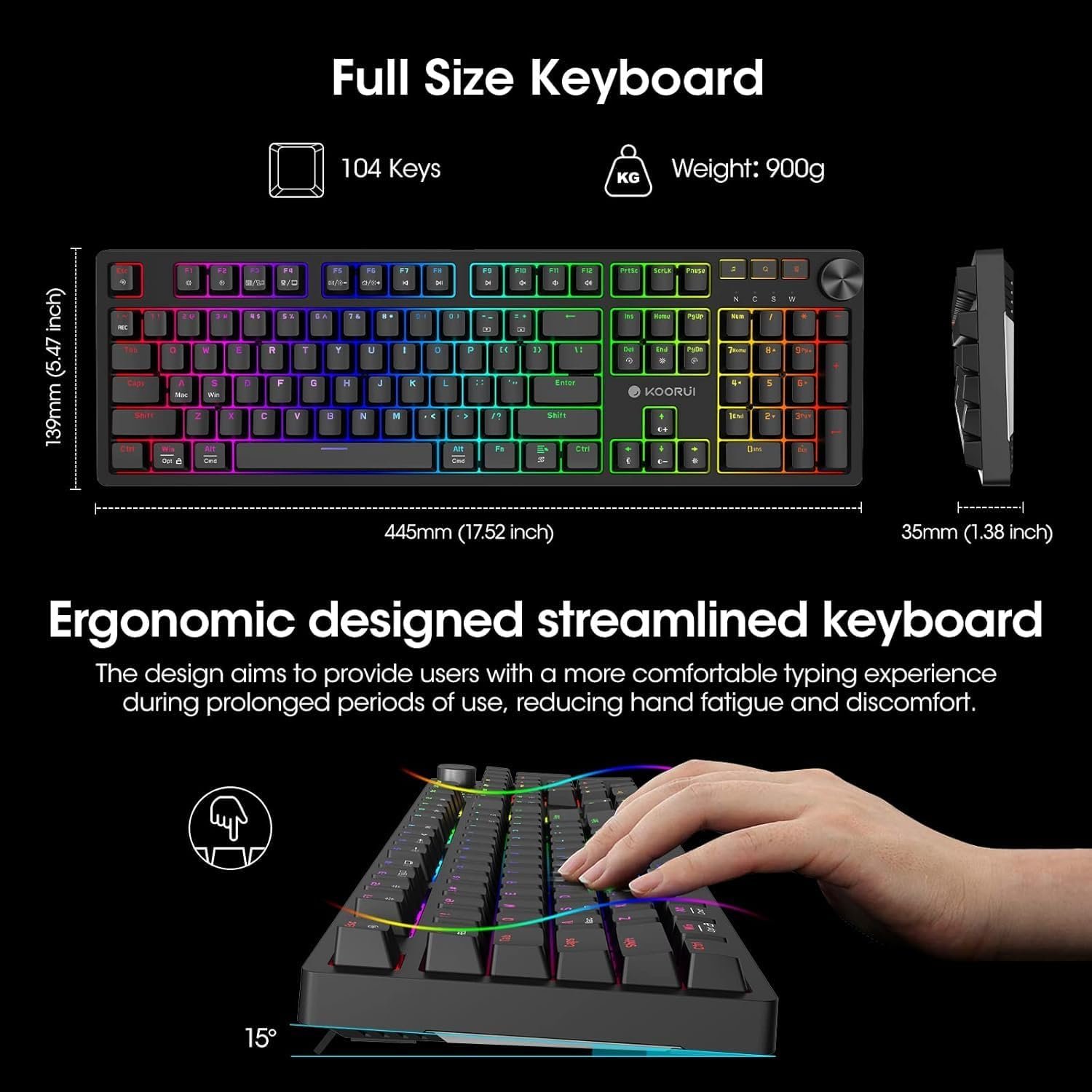 KOORUI Wired Gaming Keyboards with Brown Switch,Hot-Swap Mechanical Keyboard with Volume Knob, 26 RGB Backlit Light Up Keyboard, Full Keys Anti-Ghosting, Dual Color Injection Molded Keycaps for PC - Image 7